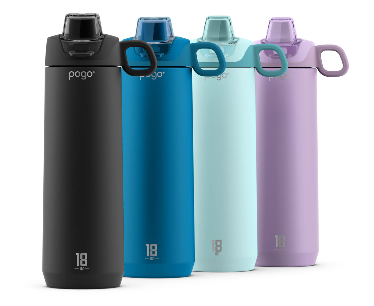 Pogo Active Vacuum Insulated Stainless Steel Water Bottle With Leak Proof Chug Lid And Silicone Carry Loop, Powdercoat, Black, 1