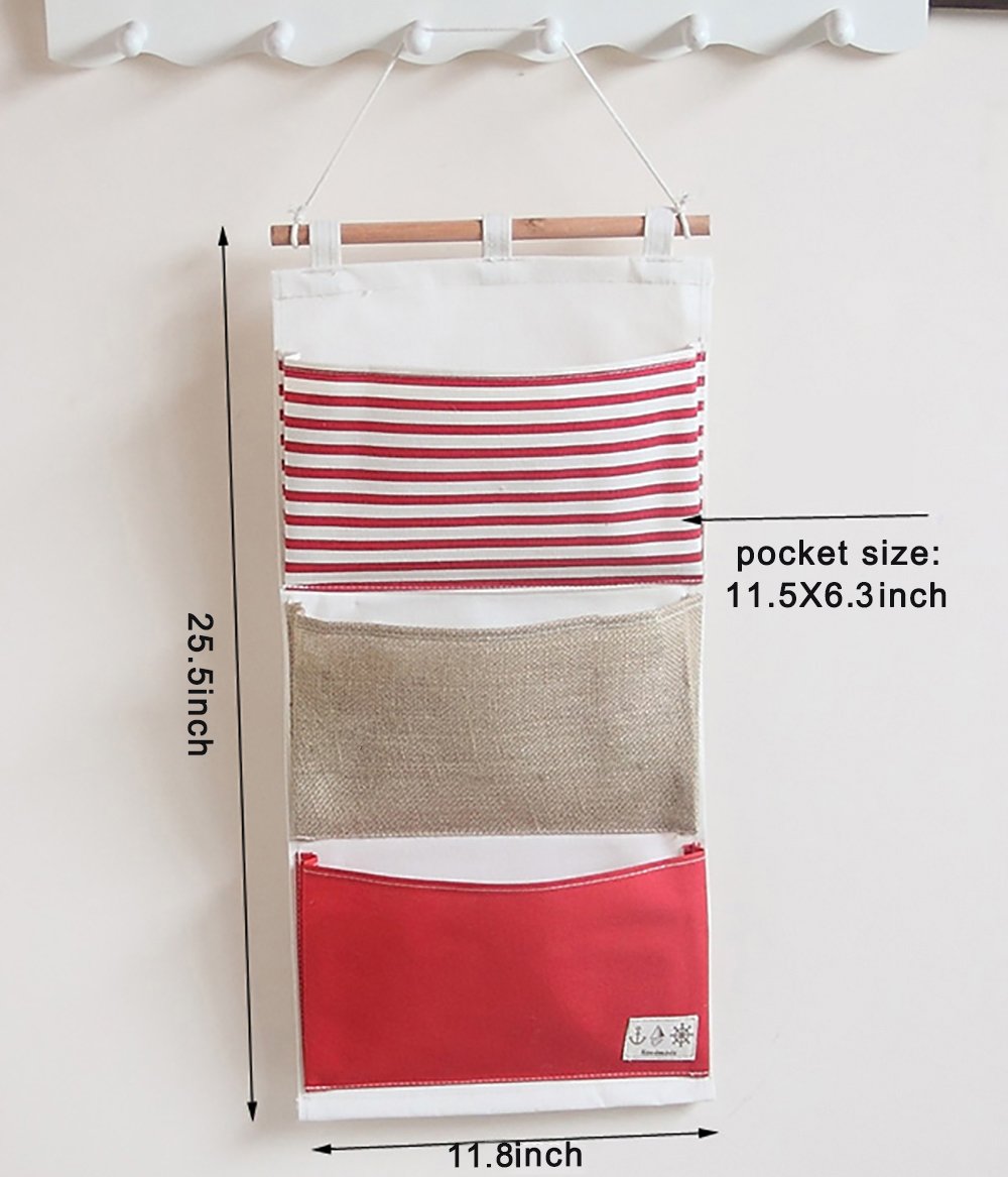 Topaaa Fish Extender Hanger Linen Cotton Fabric Wall Door Hanging Organizer Hanging Storage Bag 3 Pockets (Red)