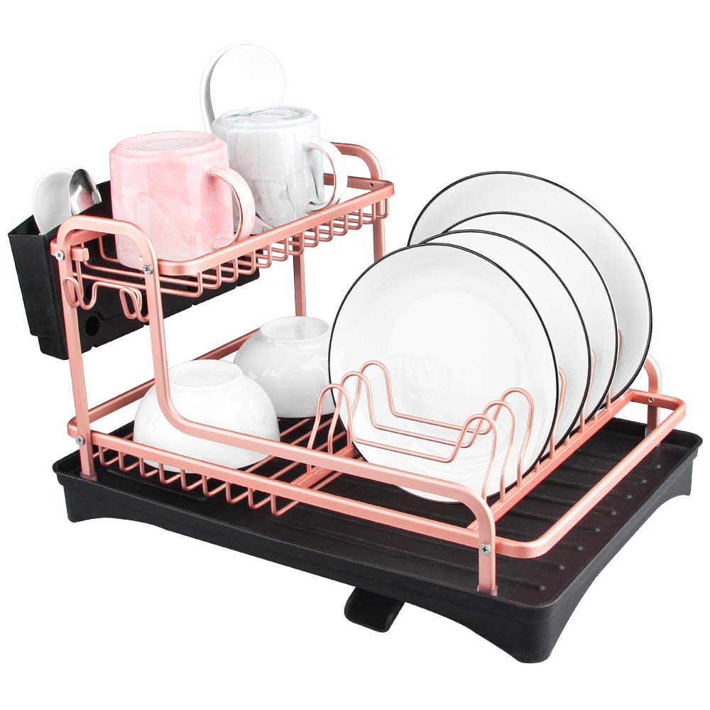 Tomorotec Never Rust Aluminum Dish Rack And Drain Board With Utensil Holder, 2-Tier Kitchen Plate Cup Dish Drying Rack Tray Cutl