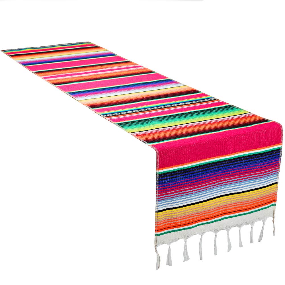 Crjhns Table Runner Mexican Handwoven Cotton Serape For Party Wedding And Home Decorations,14X108 Inch, Long (1, 14X108/Rose Red