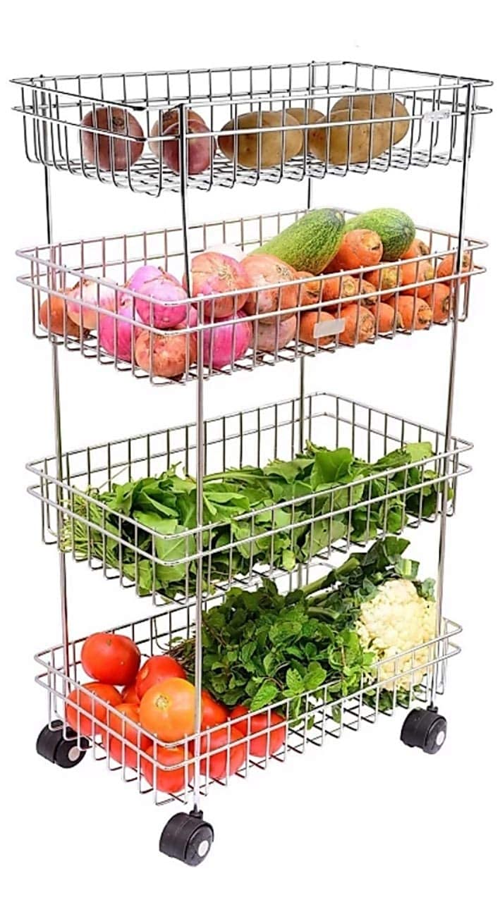 Rasvesh Fruit And Vegetable Stand Basket Trolley Onion Potato Kitchen Storage Stainless Steel Rack (4 Layer)