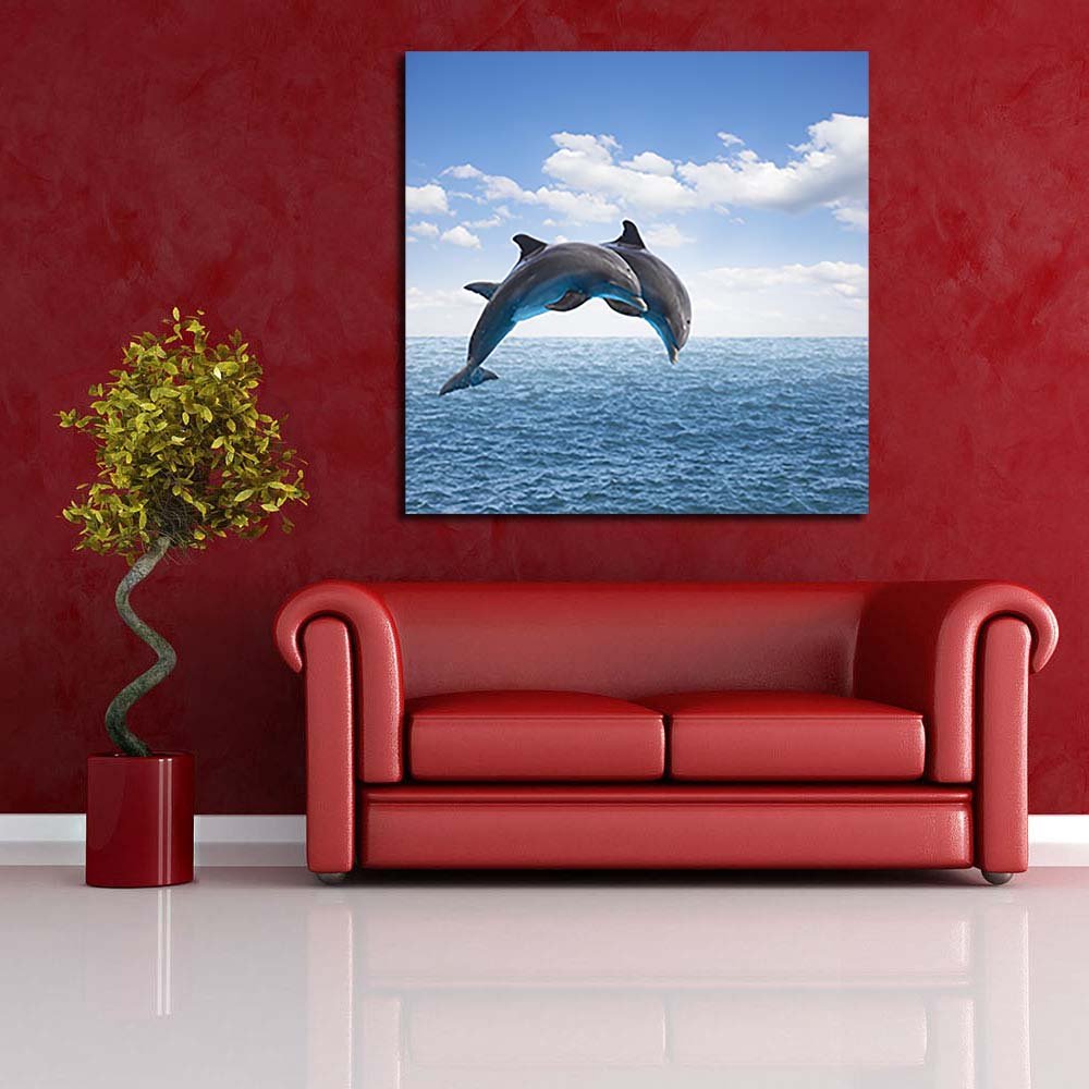Pitaara Box Two Jumping Dolphins | Peel & Stick Vinyl Wall Sticker for Bedroom & Living Room | 42 x 42 inch (107 x 107 cms)