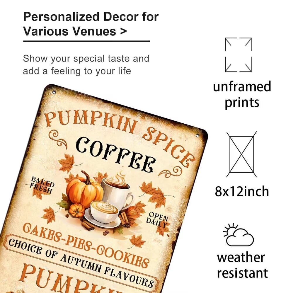 Pumpkin Spice Coffee Signs Retro Vintage Metal Tin Sign Autumn Pumpkin Pie Decor for Home Kitchen Cafe Bar Fall Decor 8x12 Inch