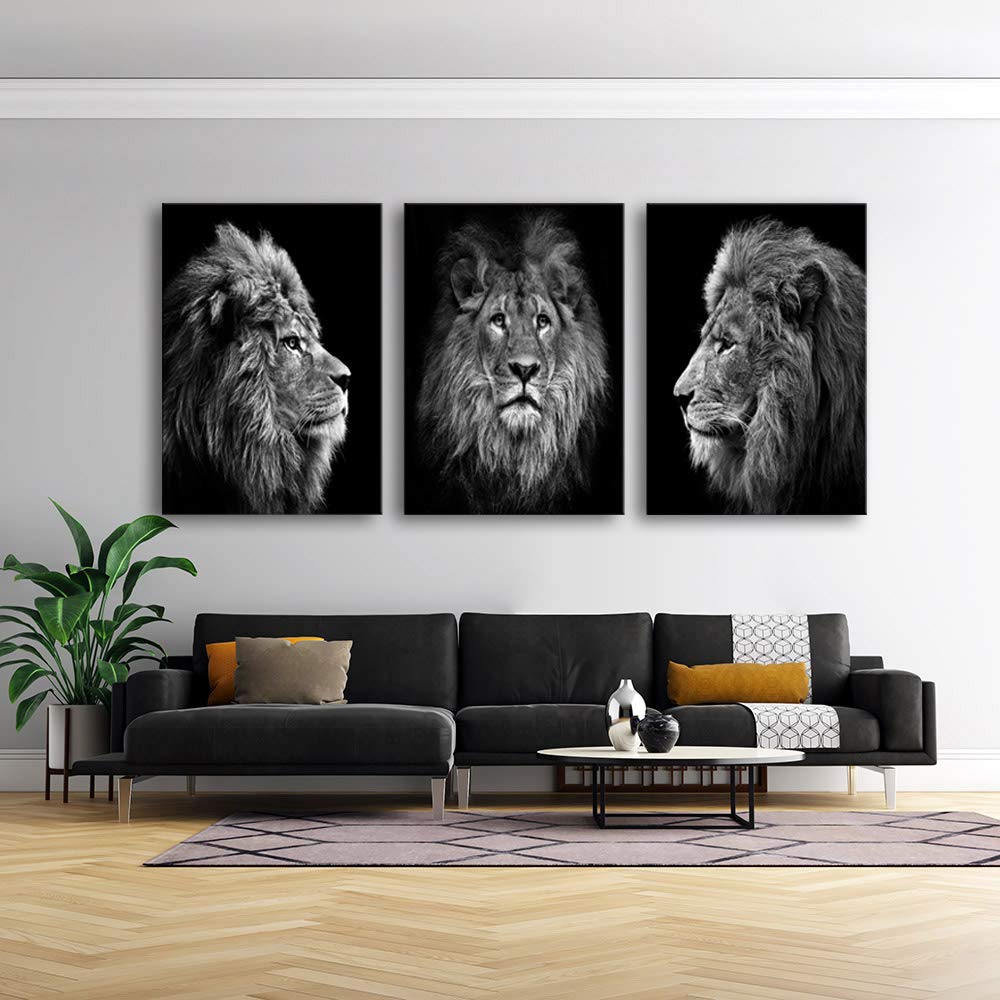 Muolunna Wall Art Black And White Lion Head Portrait Wall Art Painting Pictures Print 3 Pieces Canvas Animal For Bedroom Living