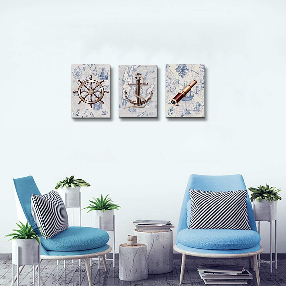 Ocean Theme Steering Wheel Telescope Ship Pendant Canvas Prints Bathroom Wall Art For Bedroom Wall Decor Artworks Pictures Wall