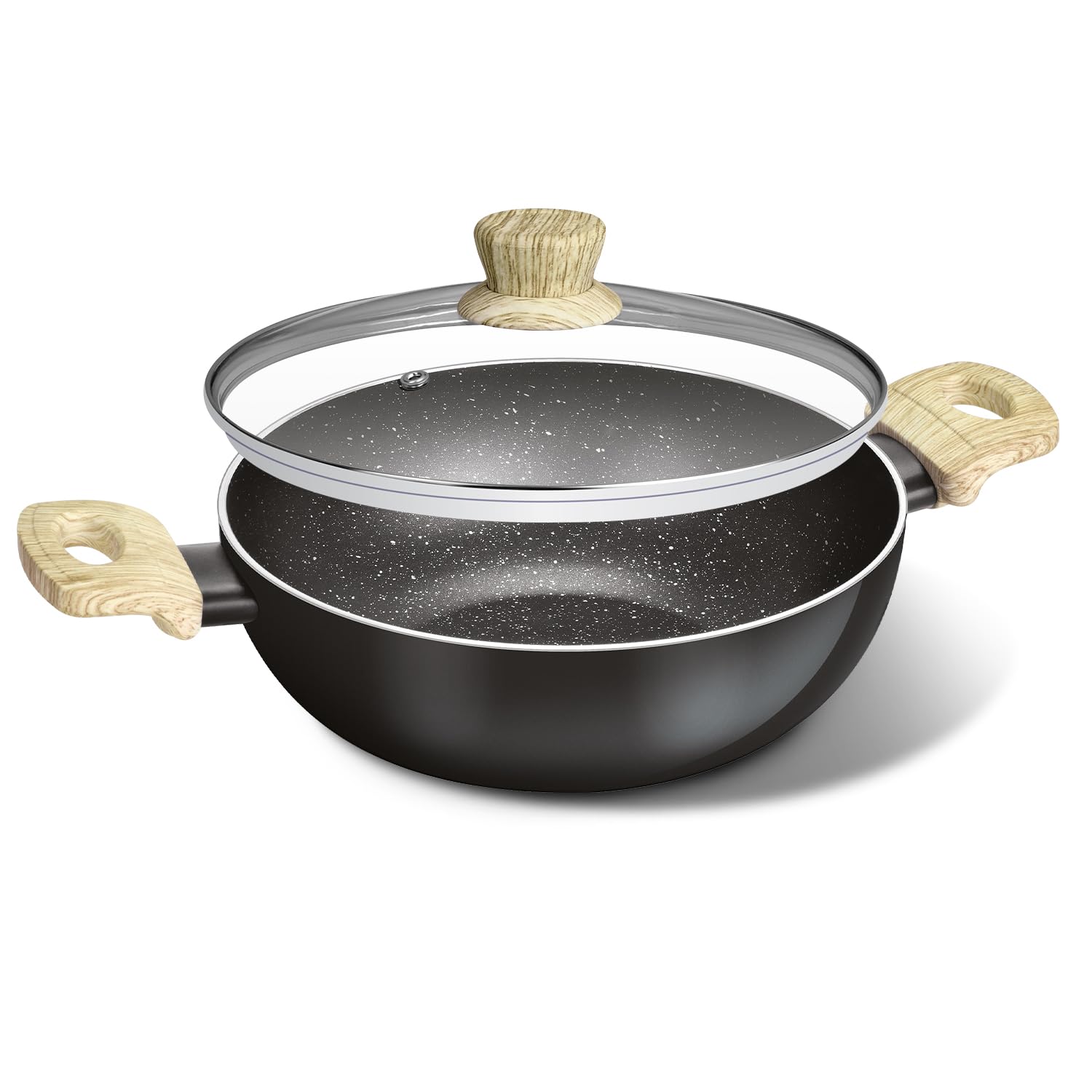 Bergner Bellini Plus Aura 5Layer NonStick 32Cm Kadai With Glass Lid, 7.6 Litres Kadhai With Soft Touch Wooden Finish Handle, T