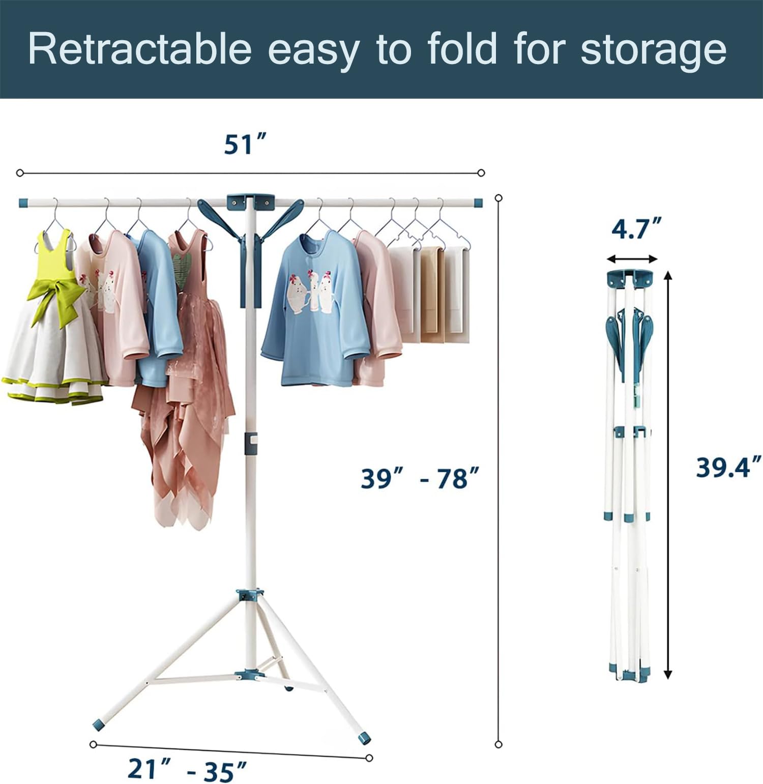 AUGMIRR Clothes Drying Racks  Height-Adjustable 52 Inches Updated Version Stainless Steel for Indoor Outdoor Length Adjustable Saves Space with 20 Windproof Hooks (Tripod Rack  52 '')