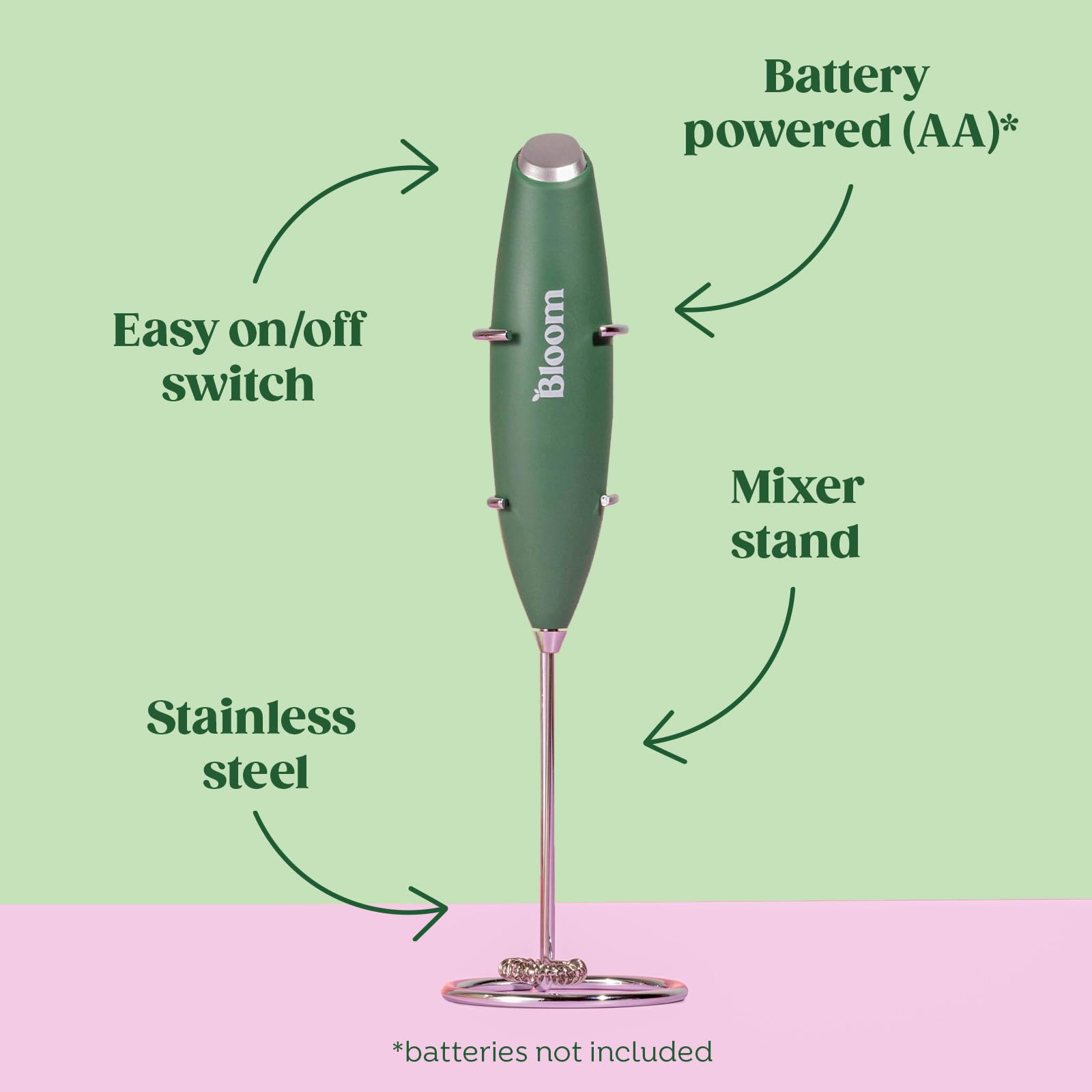 Bloom Nutrition Milk Frother, Hand Mixer, Electric, Handheld Drink Stirrer, Frothing Wand, Foam Maker For Coffee, Matcha, Protei