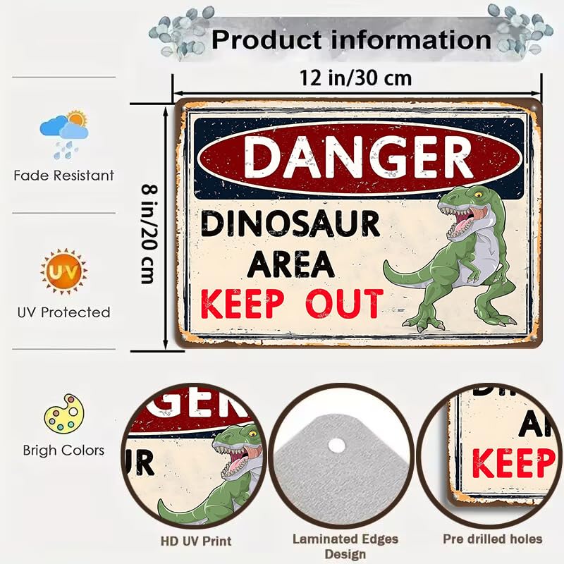 Smilelife Dinosaur Gifts Vintage Dinosaur Sign Danger Dinosaur Area Keep Out Tin Sign for Boys Room Dino Themed Room Nursery Roo
