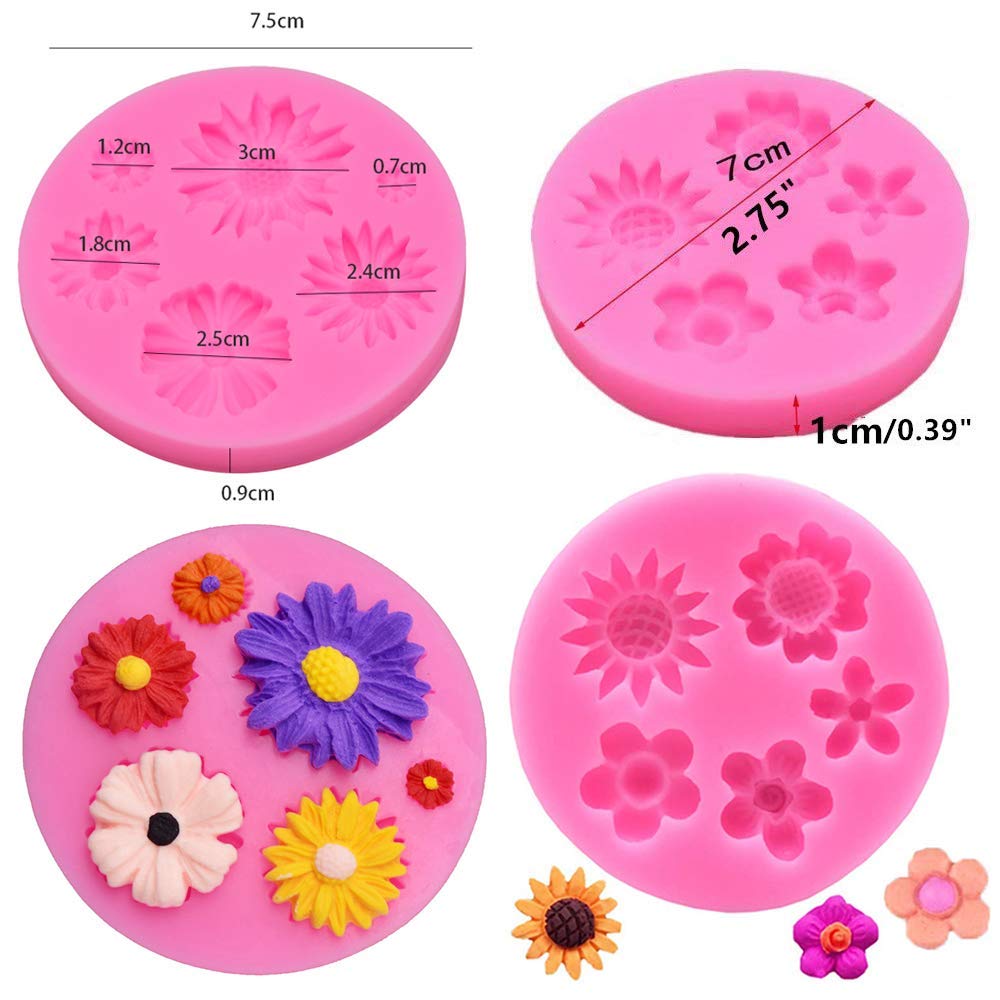 4Pcs/Set Mini Flower & Leaf Fondant Molds, Rose Daisy Sunflower Silicone Gumpaste Molds For Cake Cupcake Topper Decoration Small