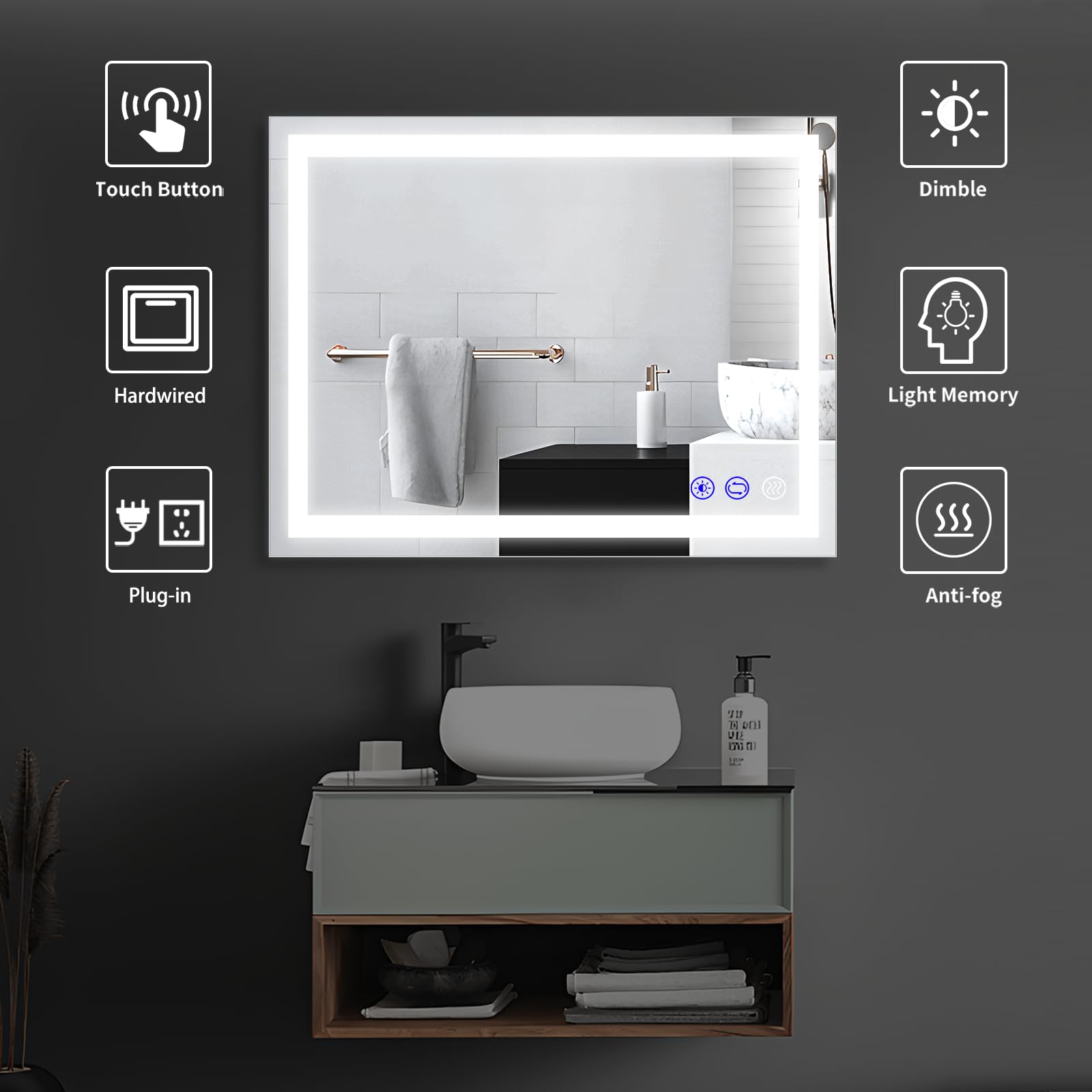 Led Bathroom Mirror, 32X24 Inch Fronlit Bathroom Vanity Mirror With Lights, Stepless Dimmable Wall Mirror, 3 Colors Lighting, An