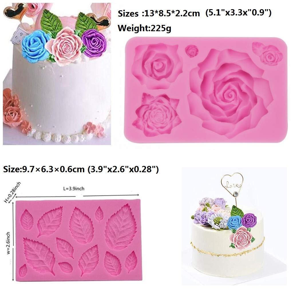 Large Rose Mold Silicone,Rose Flower And Leaves Fondant Cake Molds,Leaf Candy Chocolate Molds For Wedding Cake Decoration, Sugar