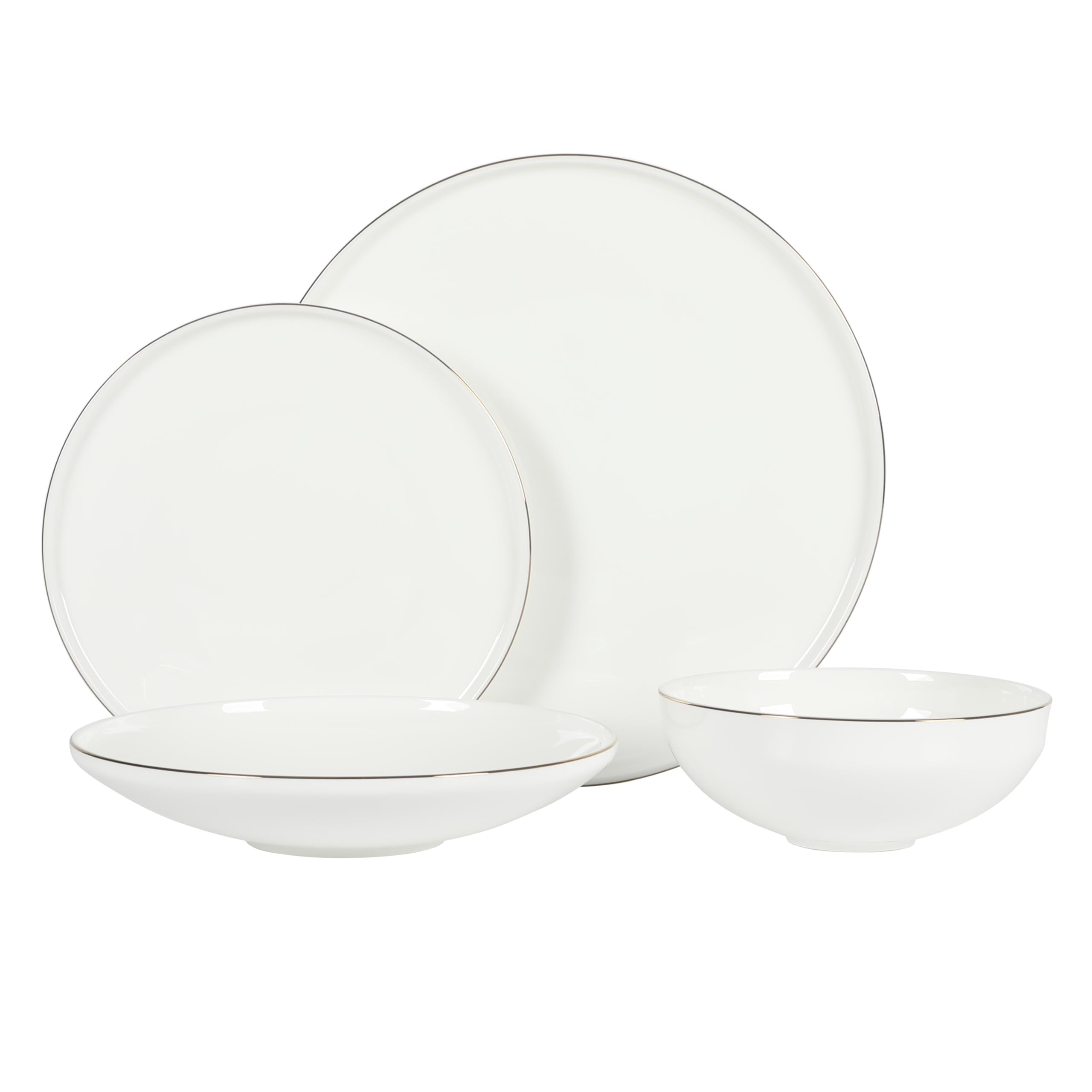 Gibson Elite Lana 16 Piece Bone China Double Plates and Bowls Dinnerware Set, White w/Gold Rim