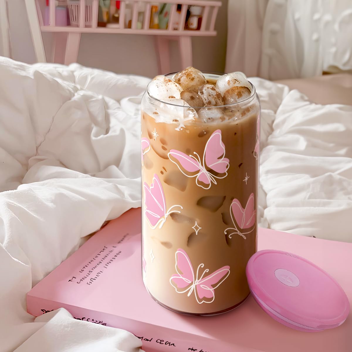Butterfly 16 Oz Can Glass Tumbler with Acrylic Lid and Straw - Iced Coffee Cups for Women, Aesthetic Glass Cup Gift for Birthday