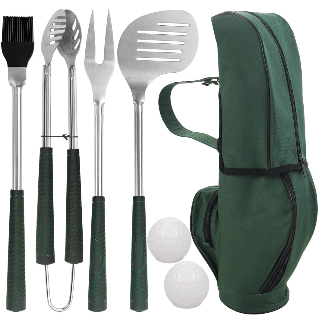 Poligo 7Pcs Golf-Club Style Bbq Grill Accessories Kit With Rubber Handle - Stainless Steel Bbq Tools Set In Bag For Camping - Pr