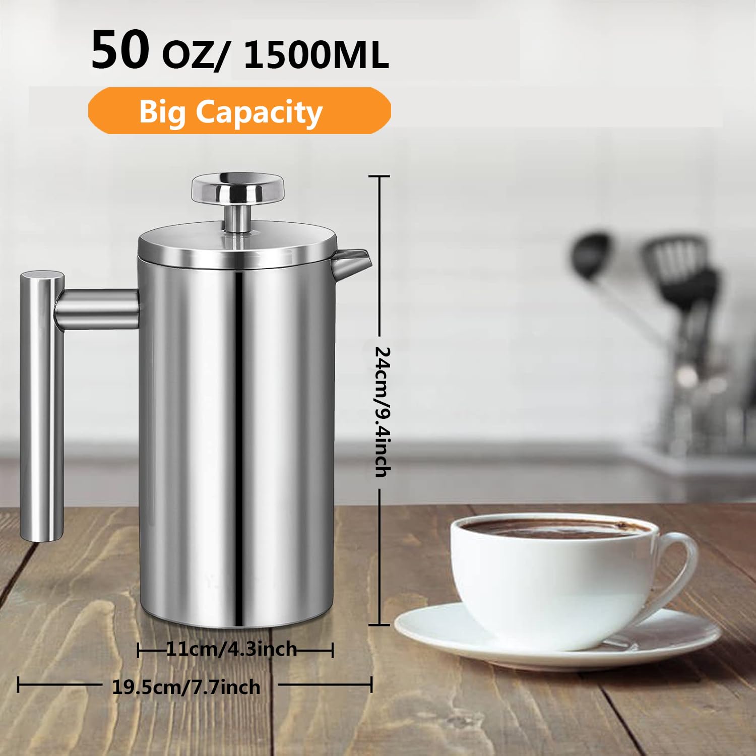 Meelio Stainless Steel French Press Coffee Maker 1500Ml, Double-Wall Insulated Large French Coffee Press For Travel Camping,Larg