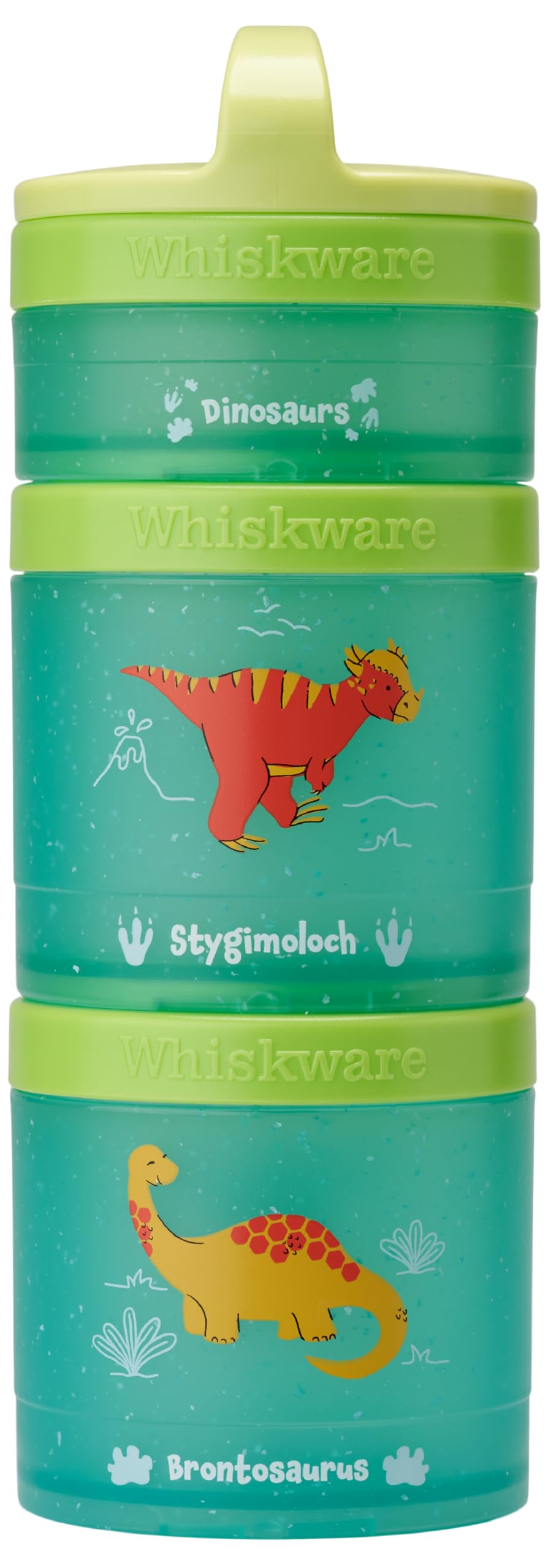 Whiskware Dinosaur Stackable Snack Containers for Kids and Toddlers, 3 Stackable Snack Cups for School and Travel, Green/Blue