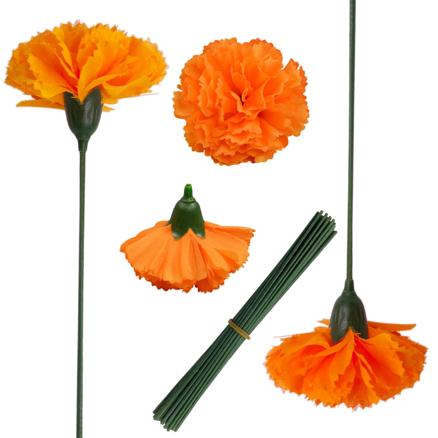 Zilphoba 50Pcs Artificial Marigold Flowers, 2 Silk Heads with Stems for Diwali, Indian Festival, Day of The Dead Dia de Los Muer