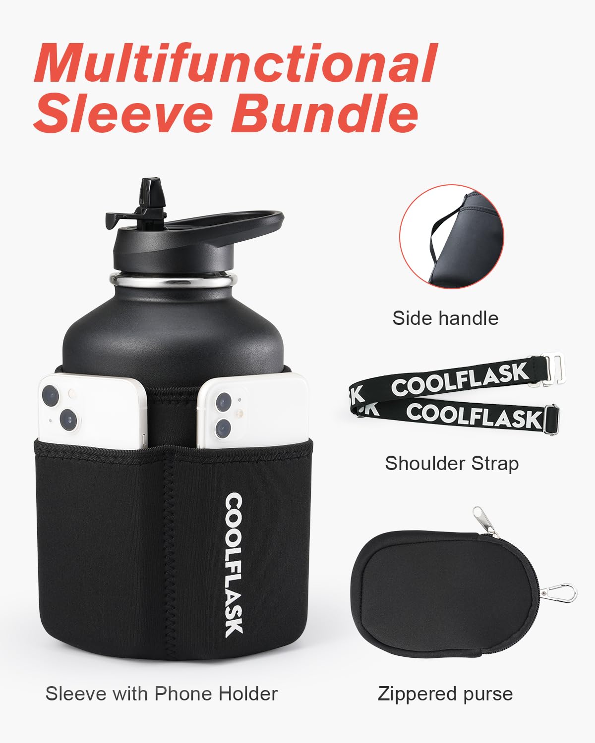 Coolflask 64 Oz Insulated Water Bottle With Strap & Sleeve, Half Gallon Water Jug 3 Lids Stainless Steel Multifunctional Flask B