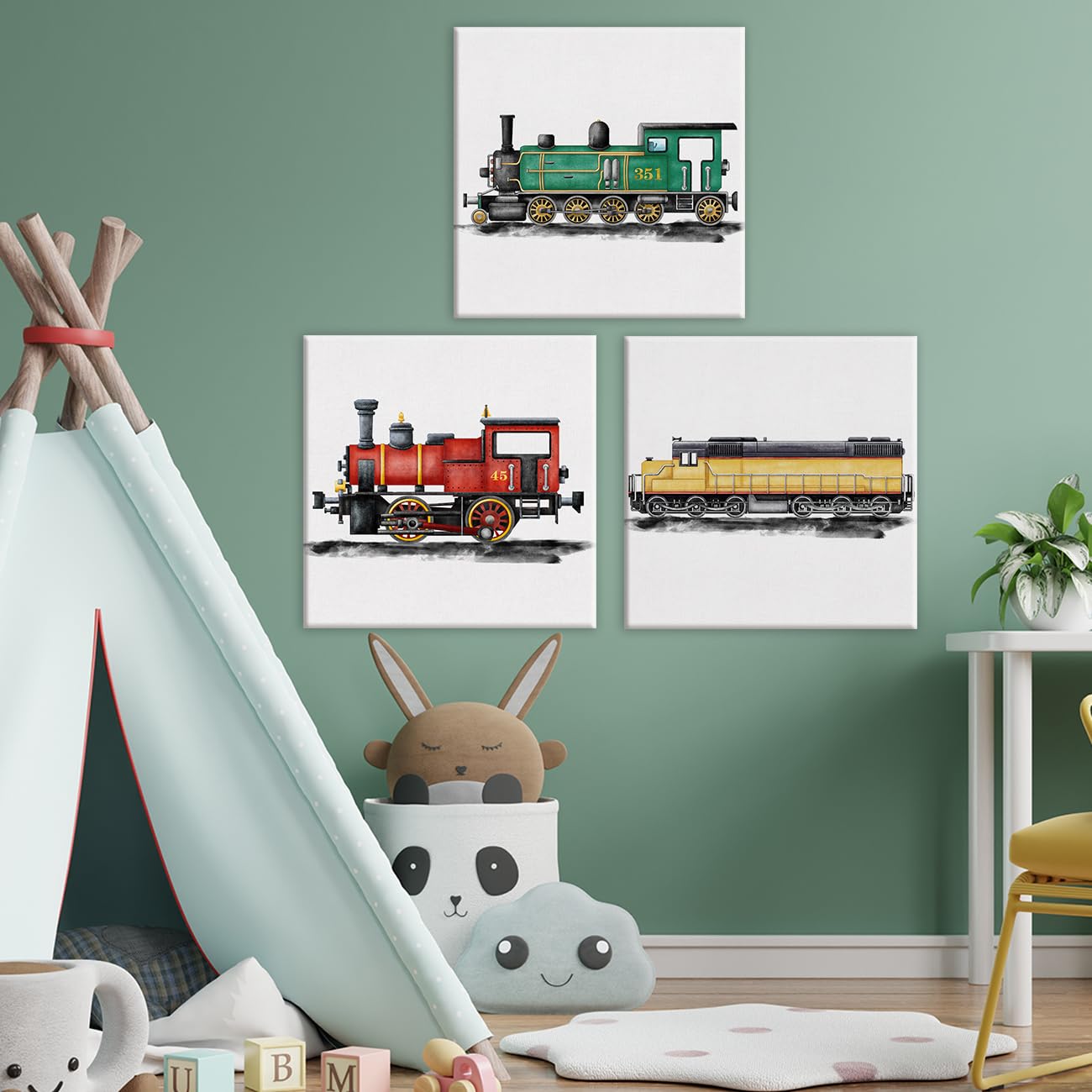 Set Of 3 Steam Train Nursery Vehicle Art Canvas Wall Art Framed Paintings Prints Watercolor Steam Locomotive Canvas Wall Decor F