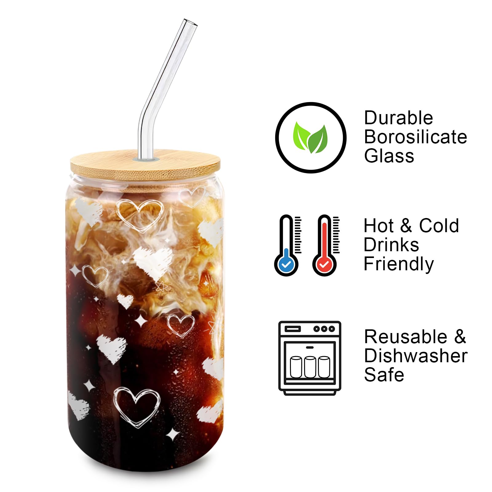 Glass Cups with Lids and Straws - 2 Pack 16oz Heart Tumblers with Bamboo Lids and Glass Straws - Cute Iced Coffee Gift for Girlf
