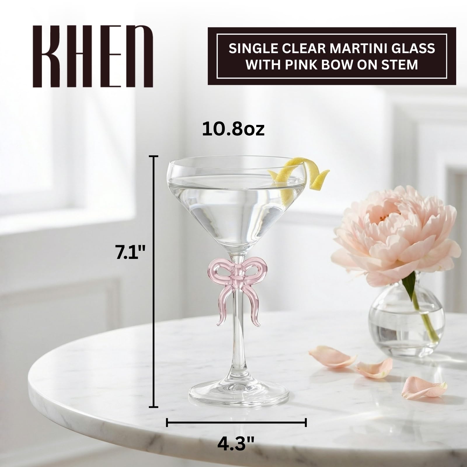 Single Clear Martini Glass with Pink Bow on Stem, One Piece