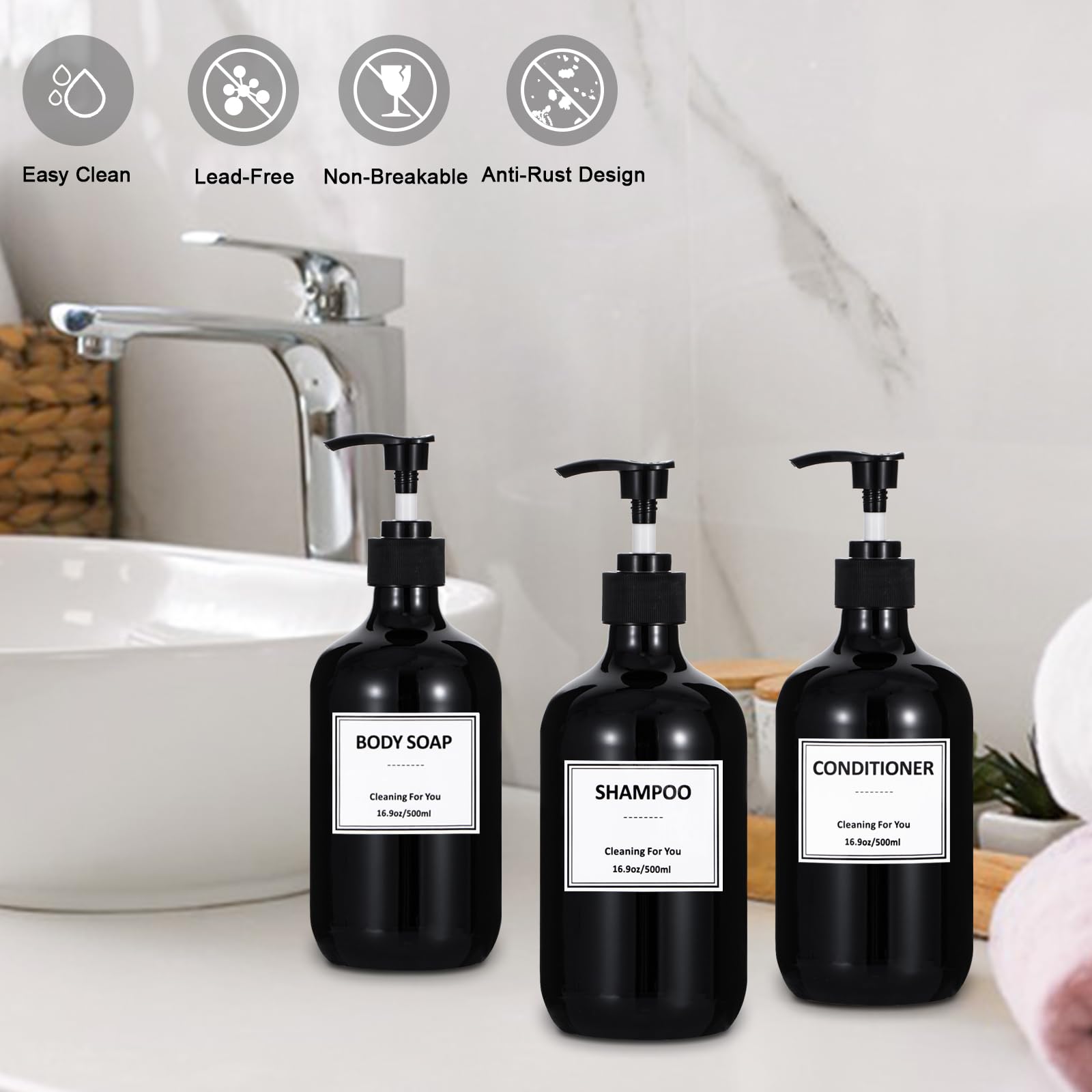 Yeeco 16.9Oz/500Ml Hand Soap Dispenser, Plastic Pump Bottles Dispenser With Waterproof Labels, Shampoo And Conditioner Dispenser