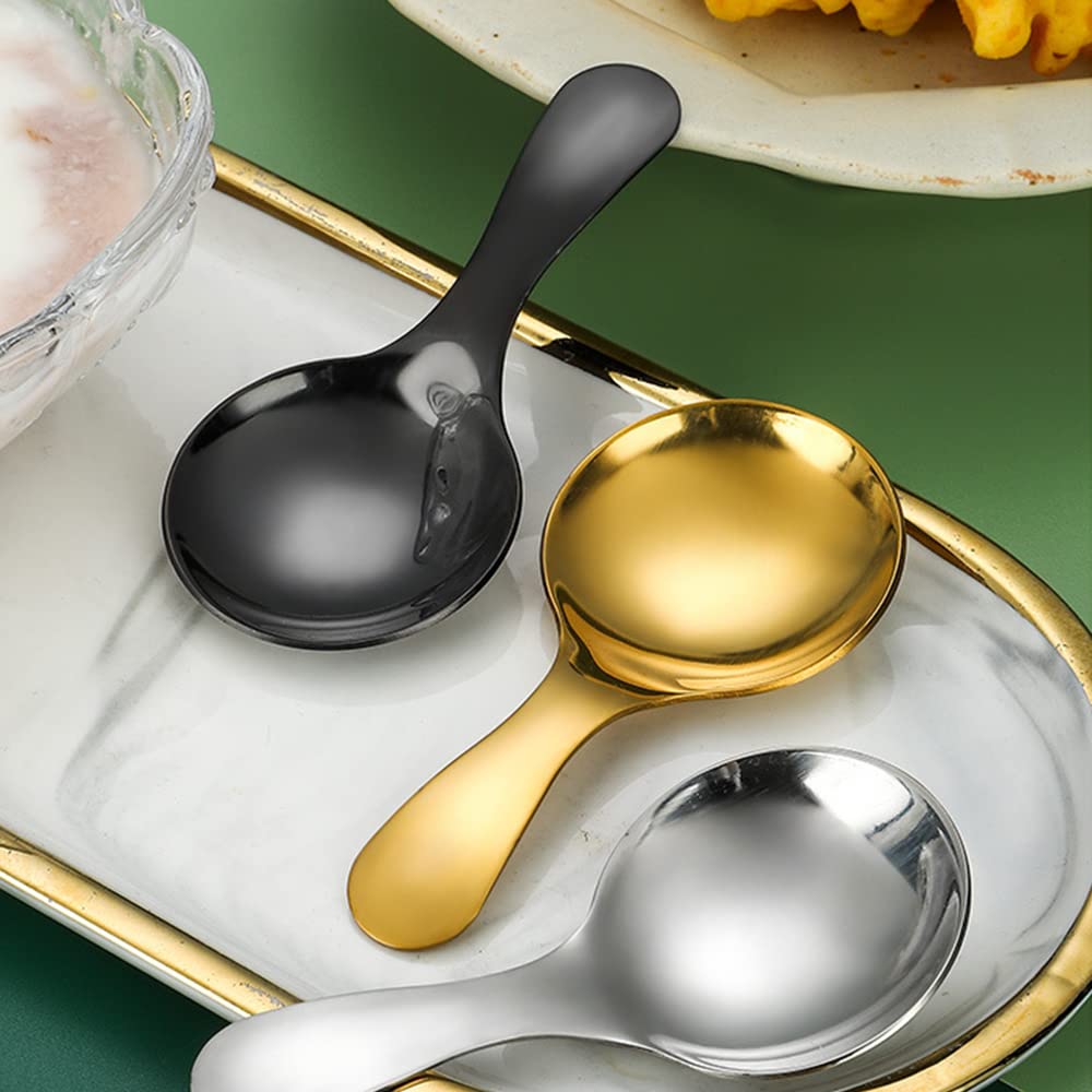 5Pcs Short Handle Spoon, Stainless Steel Mini Spoons Thickened Small Round Spoon For Salt Condiments Dessert Tea Coffee (Silver)