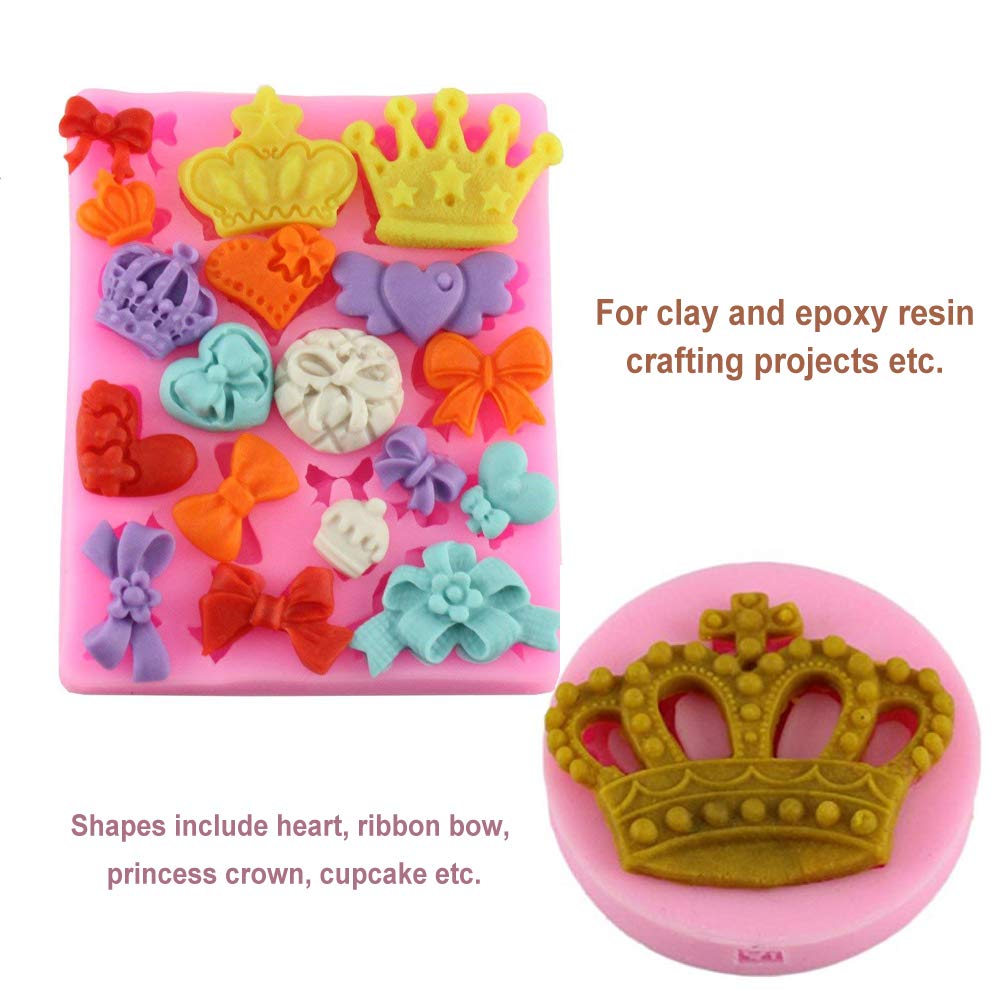 Simur 4 Pack Crown Fondant Candy Silicone Molds Bows Crown Heart Mold For Sugarcraft, Cake Decoration, Cupcake Topper, Chocolate