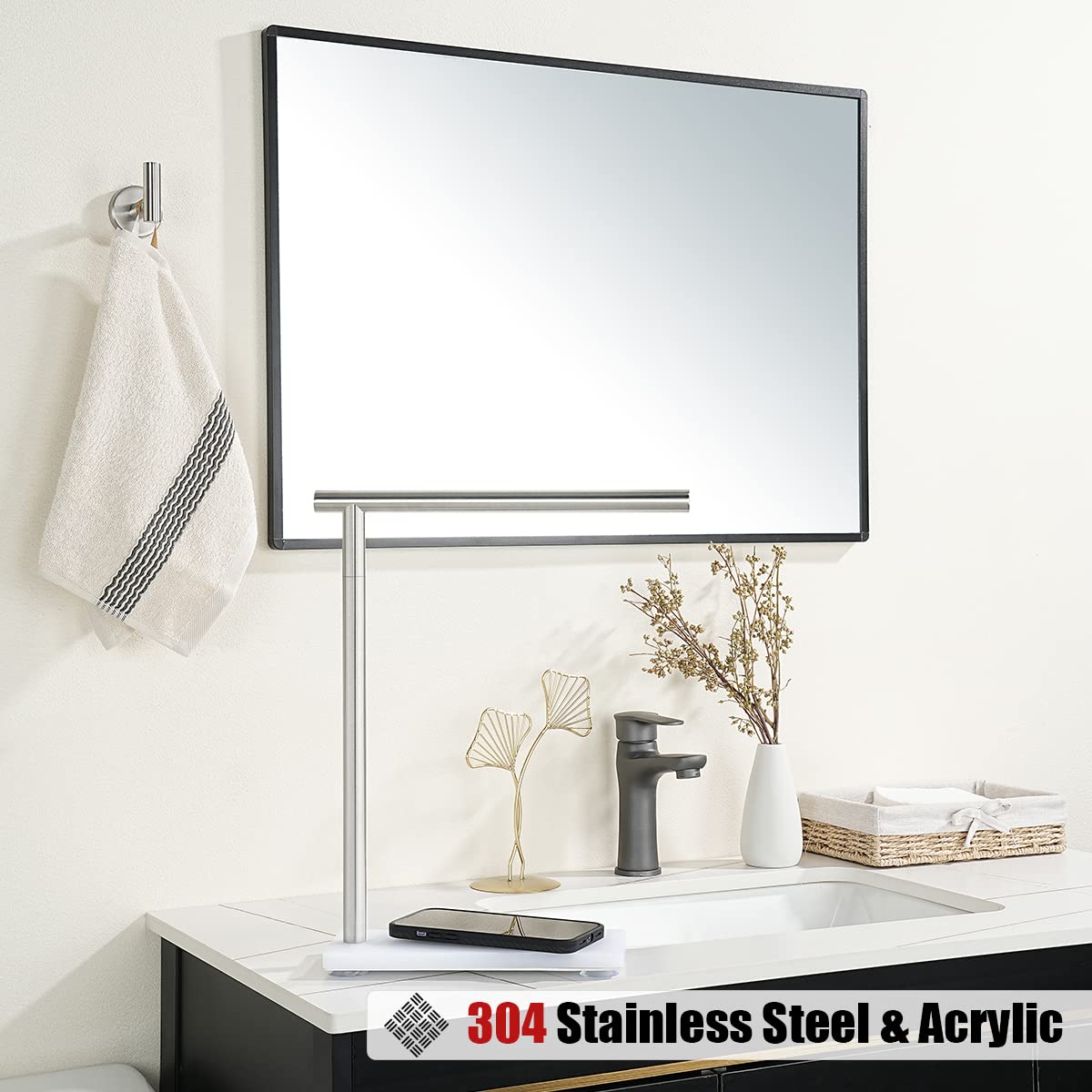 JQK Hand Towel Holder Stand Brushed  Modern Tree Rack Free Standing for Countertop with 12 Inch Bar  304 Stainless Steel Thicken 0.8mm  HTT170-WN