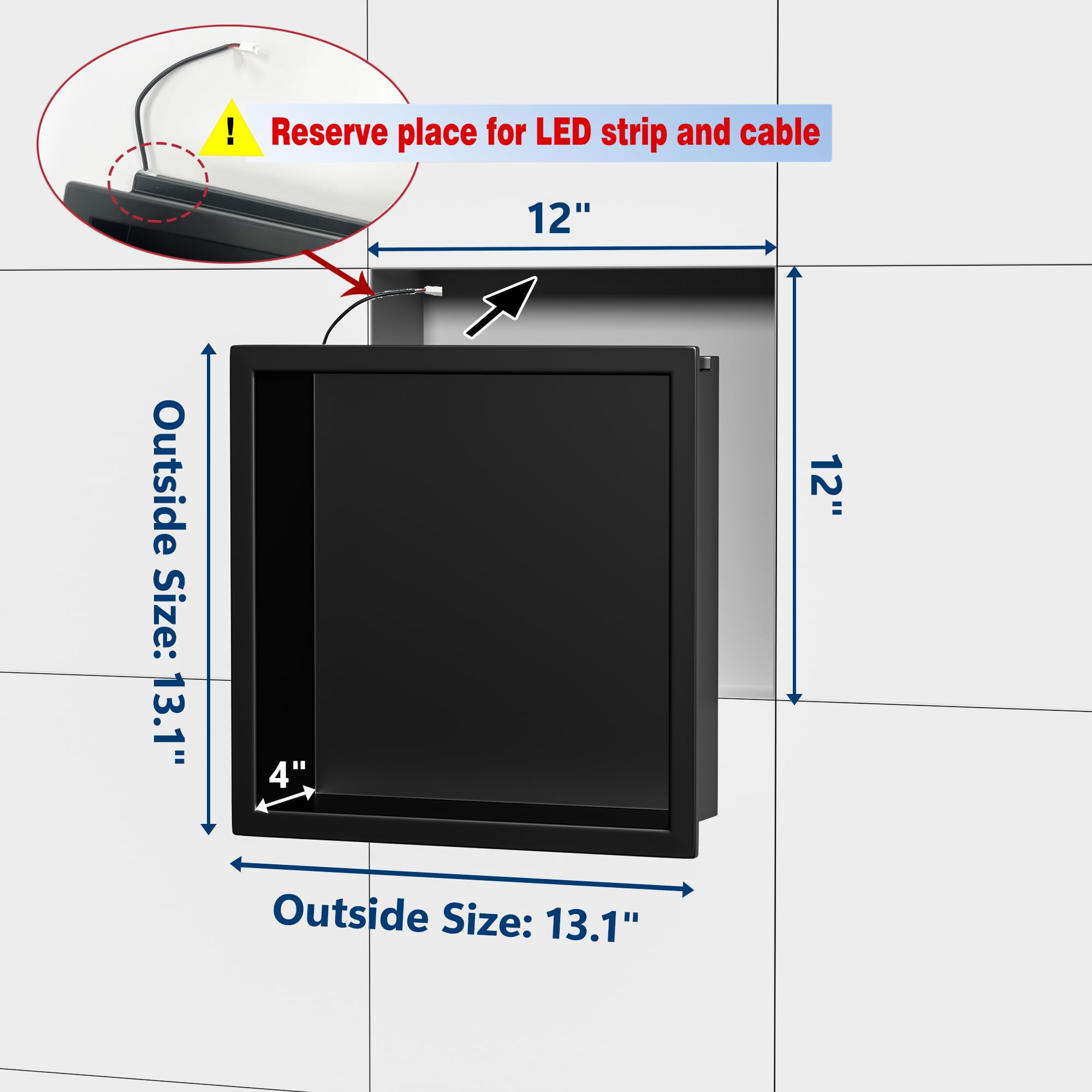 Neodrain Shower Niche, 12''X12'' Matte Black Wall Niche, Stainless Steel Niche With Non-Dimmable Led Light, No Tile Needed Reces