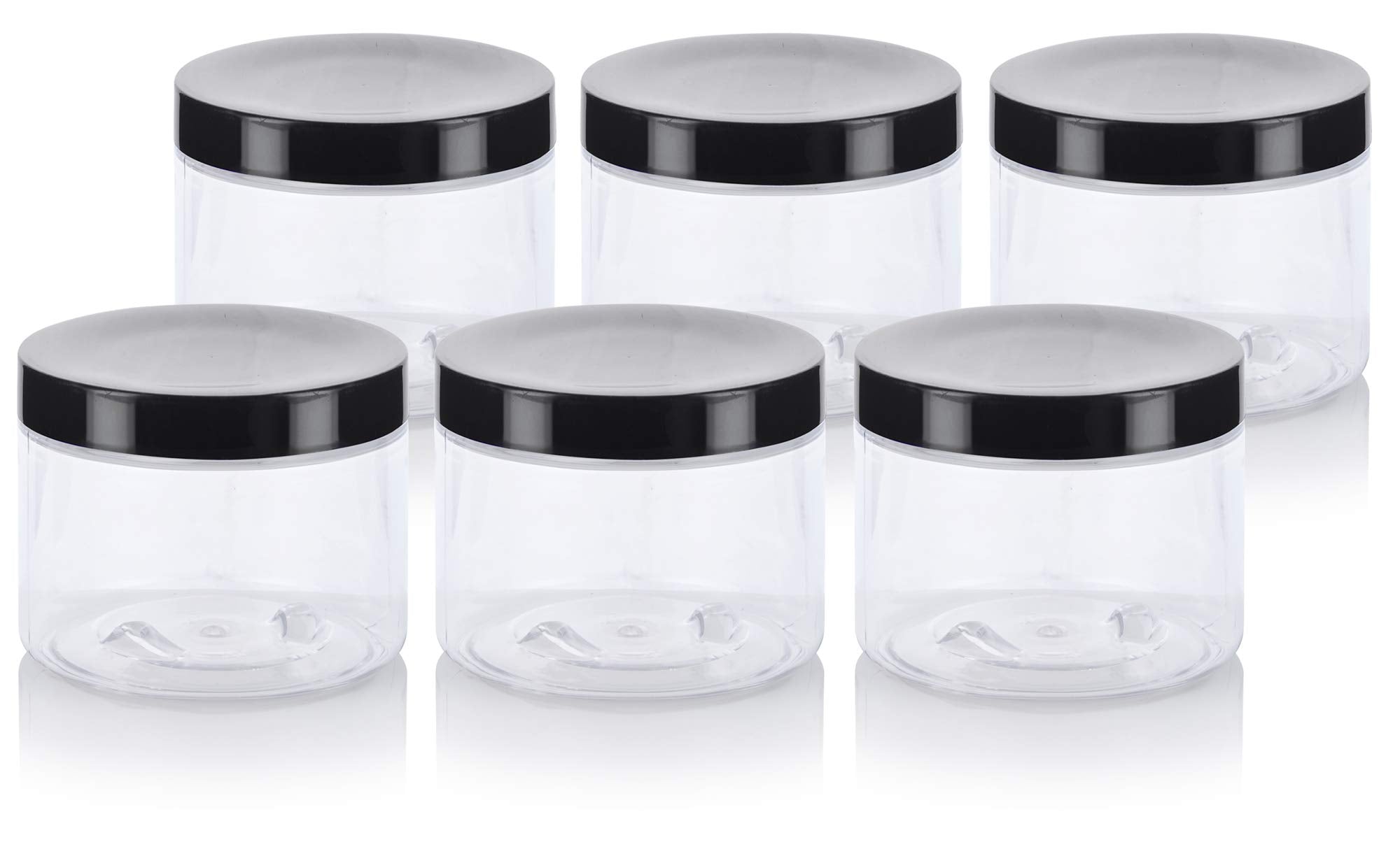 6 Oz Clear Plastic Jar With Black Smooth Lids (6 Pack)
