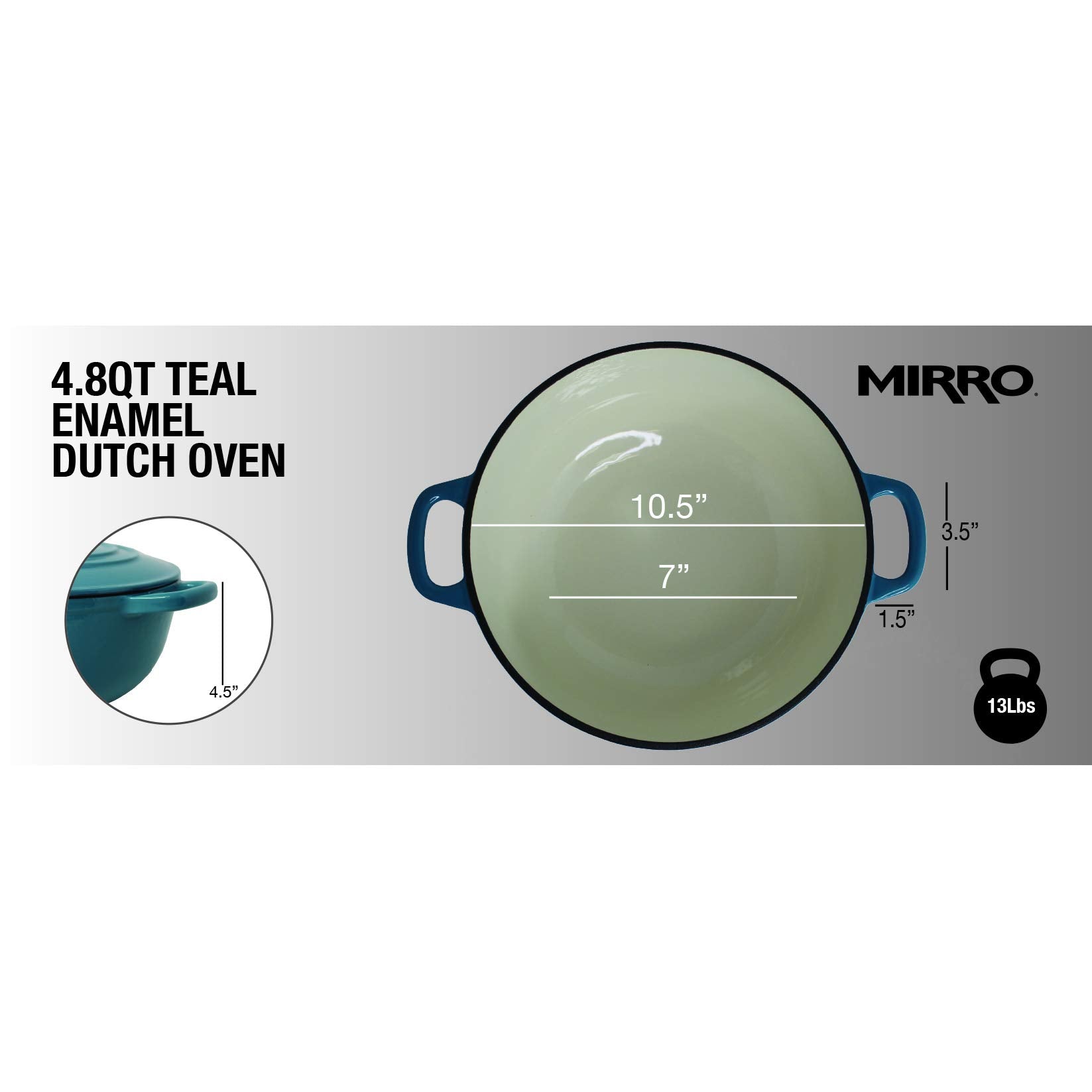 Mirro Mir-19063 4.8 Quart Cast Iron White Enamel Coated Interior Dutch Oven, Teal, Ready To Use