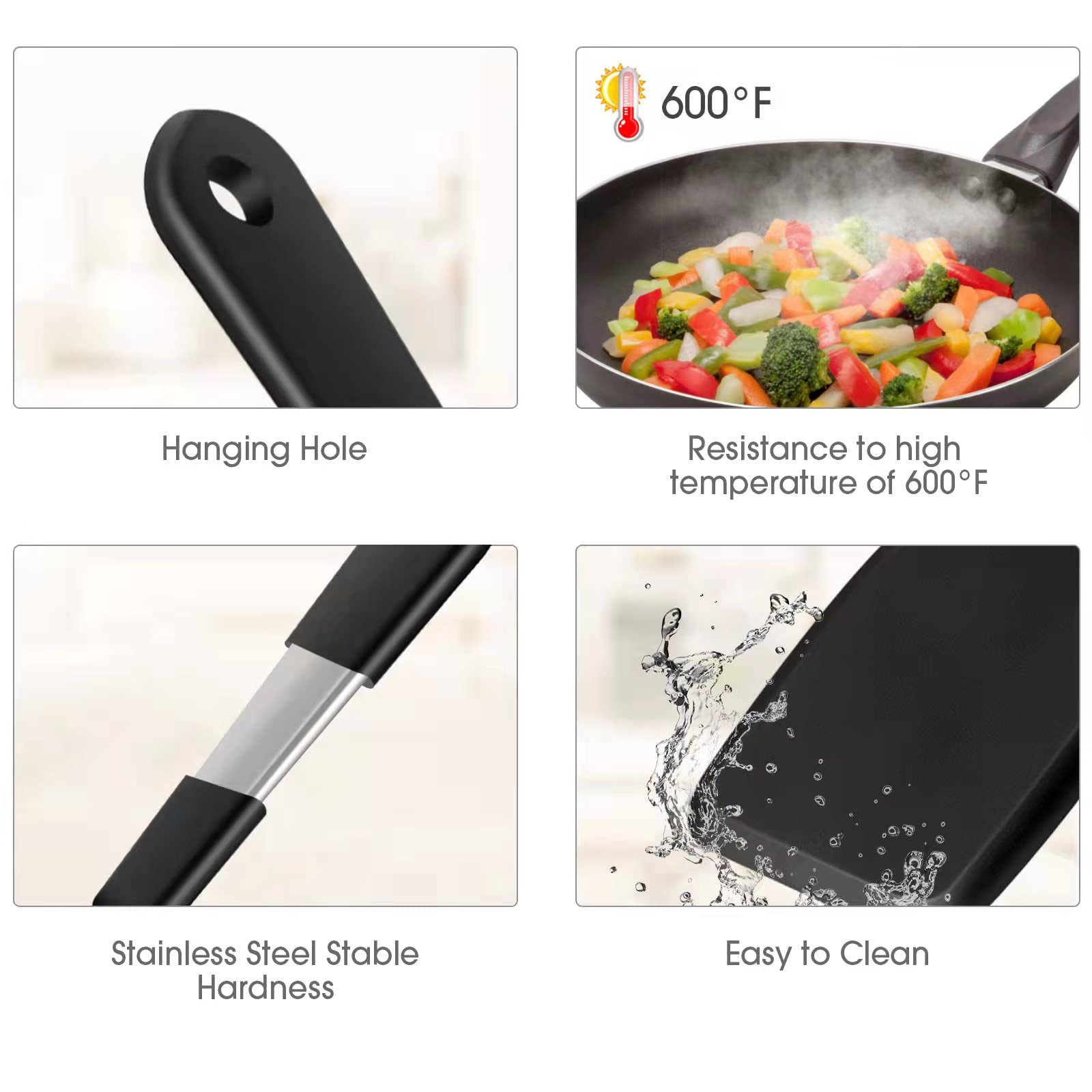 Armrouns Mini Serving Spatula 2Pcs Set, Silicone Serve Turner Heat-Resistant Cookie Slotted Spatula, For Kitchen Cooking. (Black
