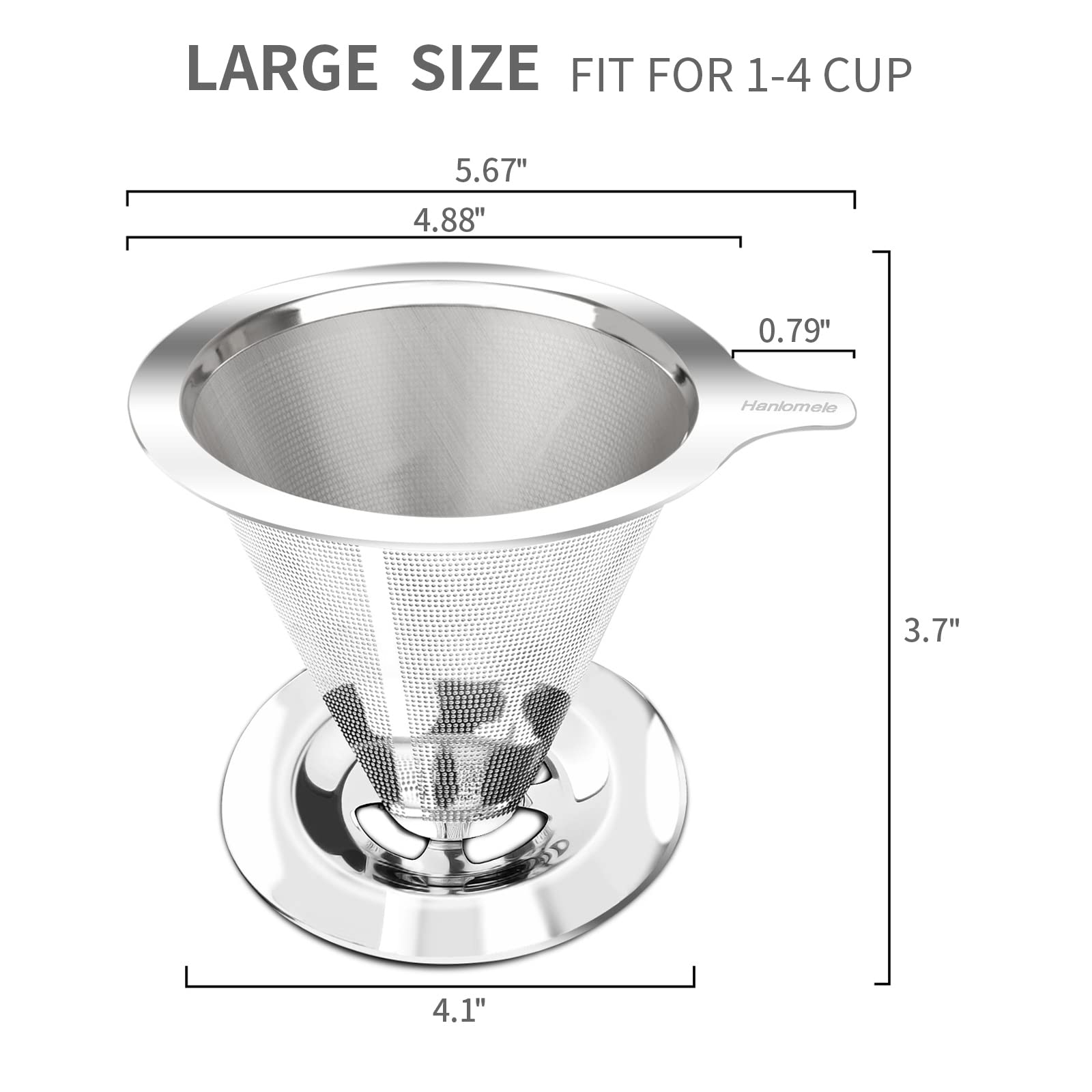 Hanlomele Pour Over Coffee Dripper  Paperless Reusable Coffee Filter  Pour Over Coffee Maker for Single Cup Brew  Double Mesh Design of Stainless Steel Cone Filter for Perfect Extraction (1-4 Cup)