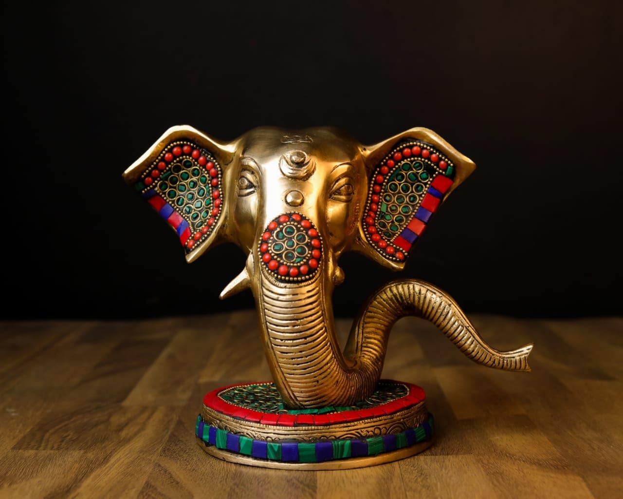 Mridaya Brass Ganesha Head Statue With Basestonework, 23 Cm Brass Ganesh Statue, Ganpati Idol, Good Luck Gift For New Beginnings