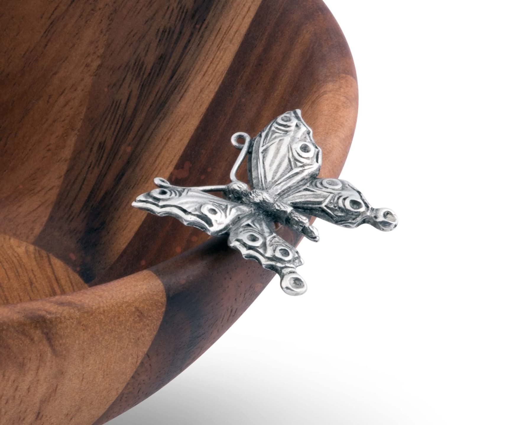 Vagabond House Single Serving Wood Salad Bowl With Pewter Butterfly 8.25 Inch Long 7.5 Inch Wide 3.25 Inch Tall