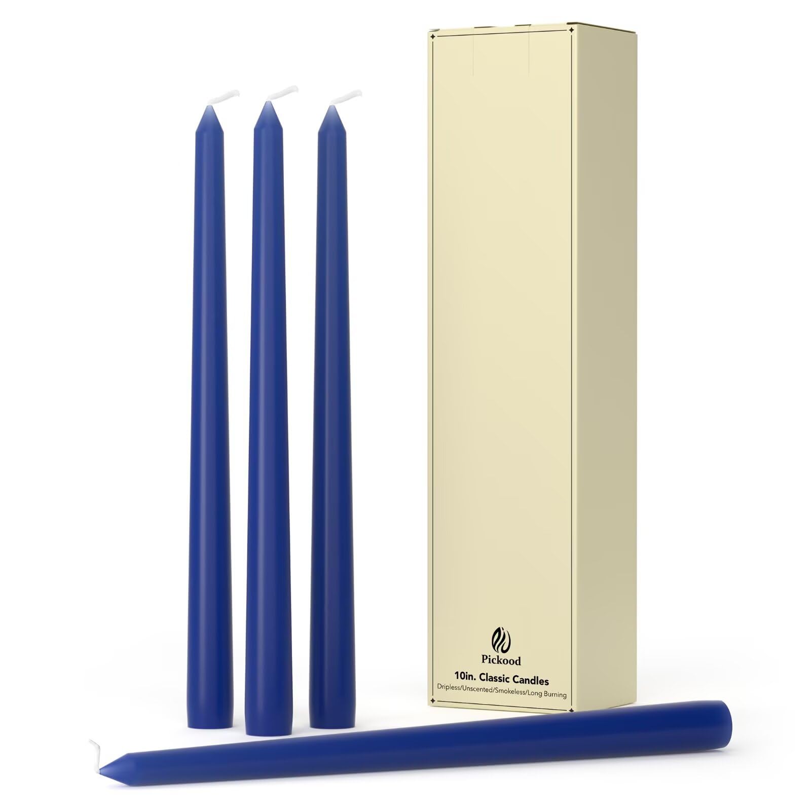Pickood 10-Inch Tall Dripless Taper Candles Set of 4 - Classic Blue Tapered Candles, Perfect for Spring - Smokeless, Unscented, 