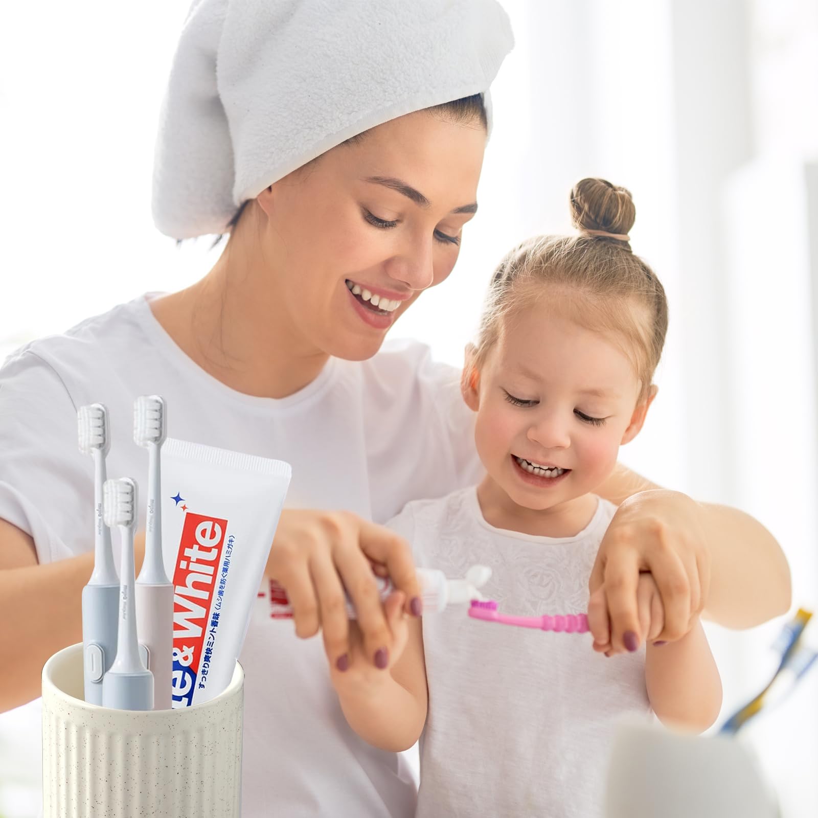 Bsdisp Toothbrush Holders For Bathrooms - 2 Cups Ceramic Toothbrush Toothpaste Holders Set, Beige Bathroom Tumbler Cups Reusable