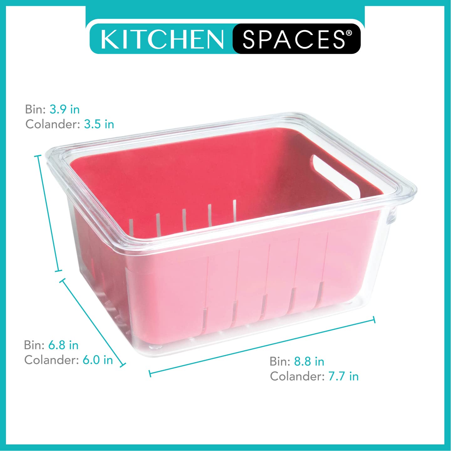 Kitchen Spaces KSCB12-AMZ Colander Bin Stackable Food Storage Organizer for Fridge  Freezer  and Pantry  8.8'' x 6.8'' x 3.9''  Red & Clear