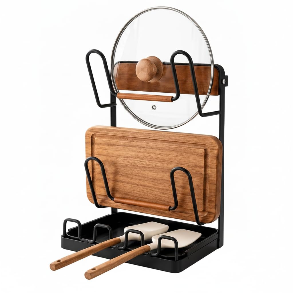 Kitchen Pot Lid Storage Rack,Carbon Steel UShaped Double Layer Holder & Spoon Rest with Removable Drip Tray Fit for 7.514,Sp