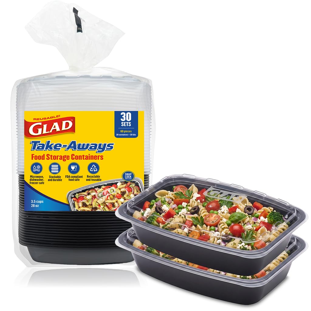 Glad TakeAways 30Pack SnapSeal Rectangular Food Storage Containers, 28 oz, LeakResistant Lids, Dishwasher & Freezer Safe, Re