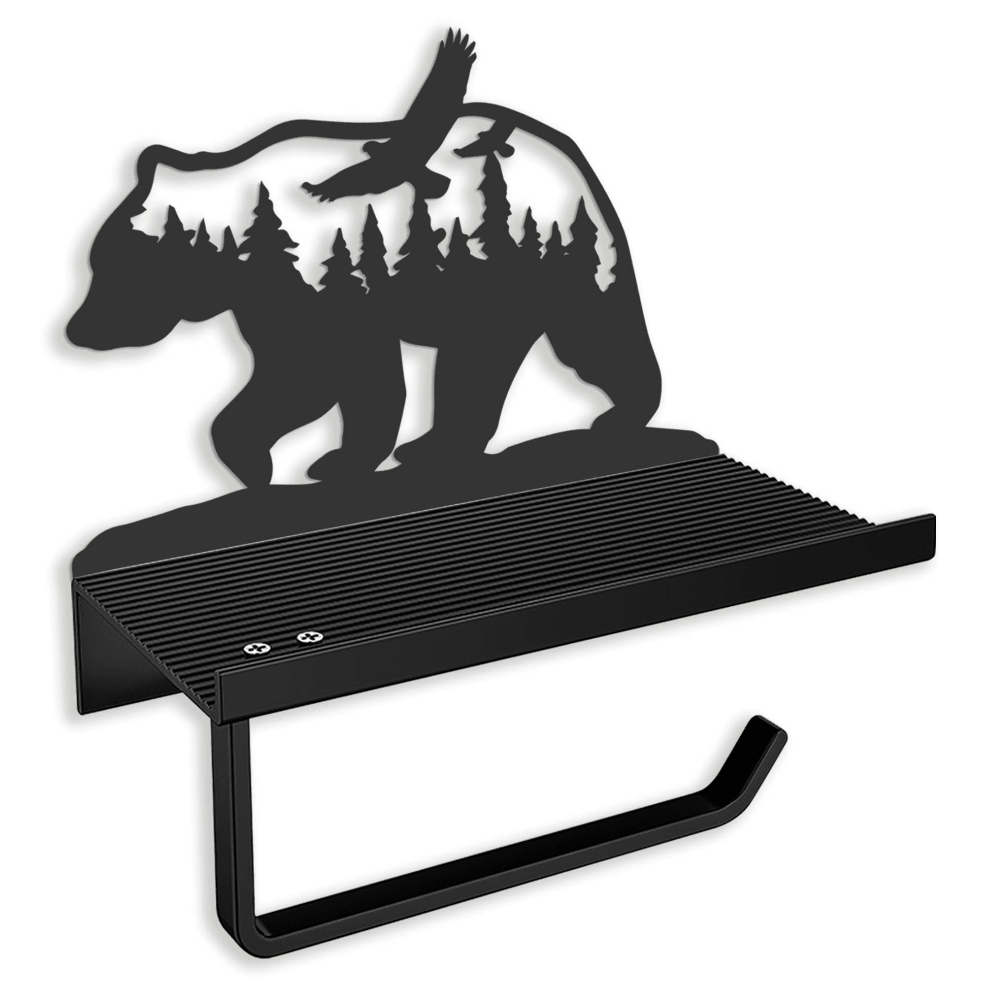 Bear Toilet Paper Holder With Shelf,Rustic Cabin Bathroom Decor, Farmhouse Forest Theme Kitchen Bathroom Decor, Black (A)