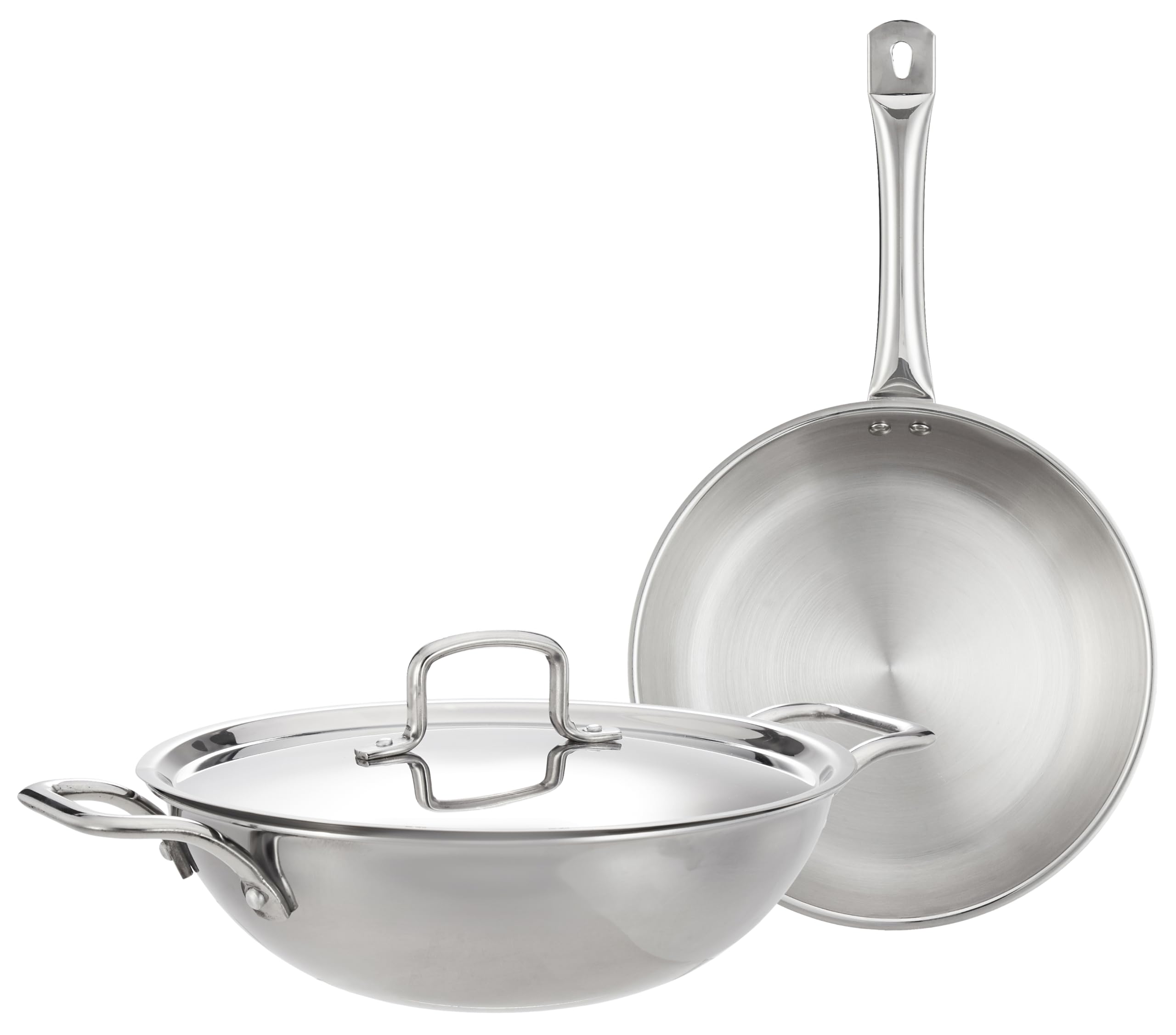 Amazon Brand - Solimo Triply Stainless Steel 2 Piece Cookware Set (Kadhai/Wok With Lid-24 Cm, Fry Pan-24 Cm) Induction And Gas S