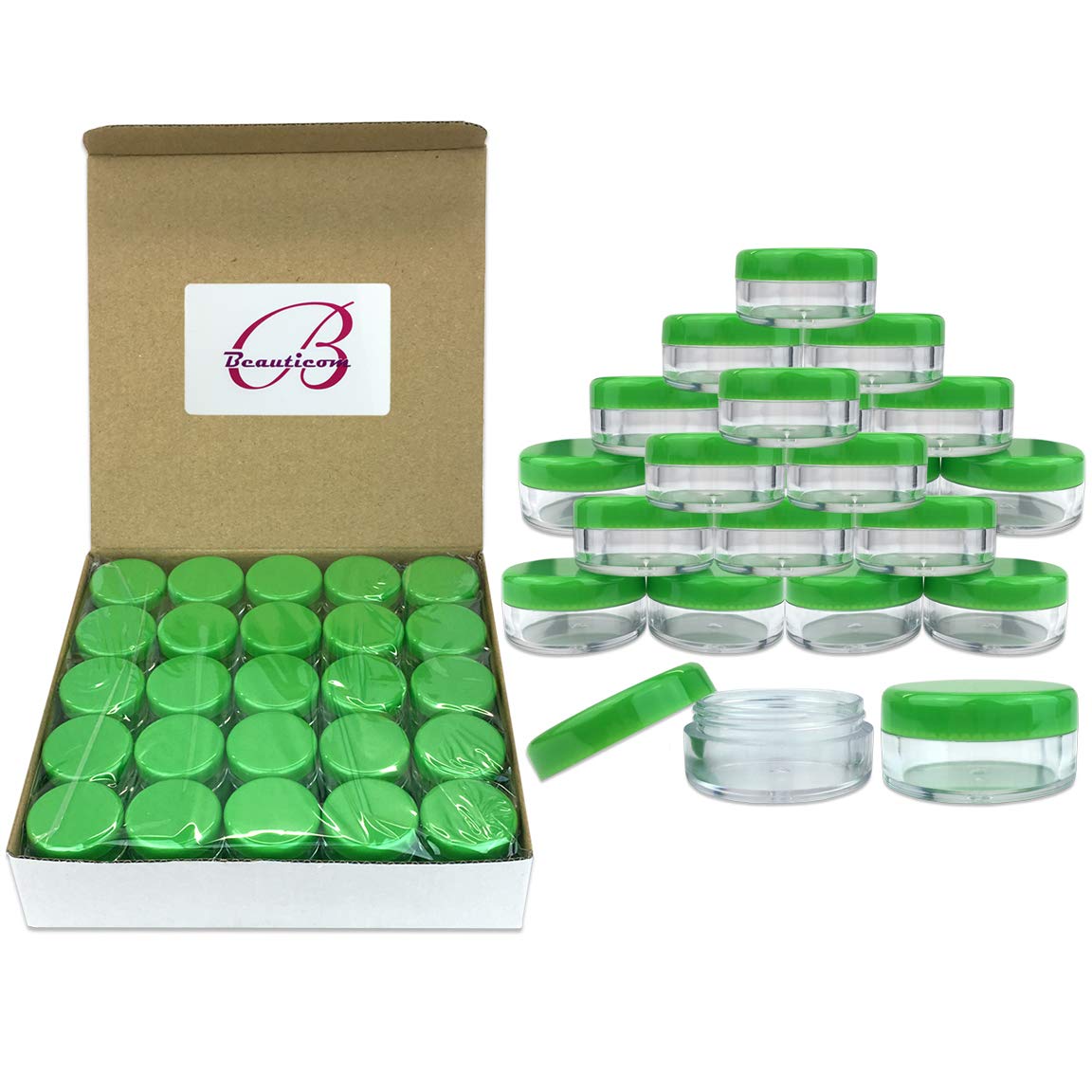 Beauticom (Quantity: 100 Pieces) 5G/5Ml Round Clear Jars With Green Lids For Scrubs, Oils, Toner, Salves, Creams, Lotions, Makeu