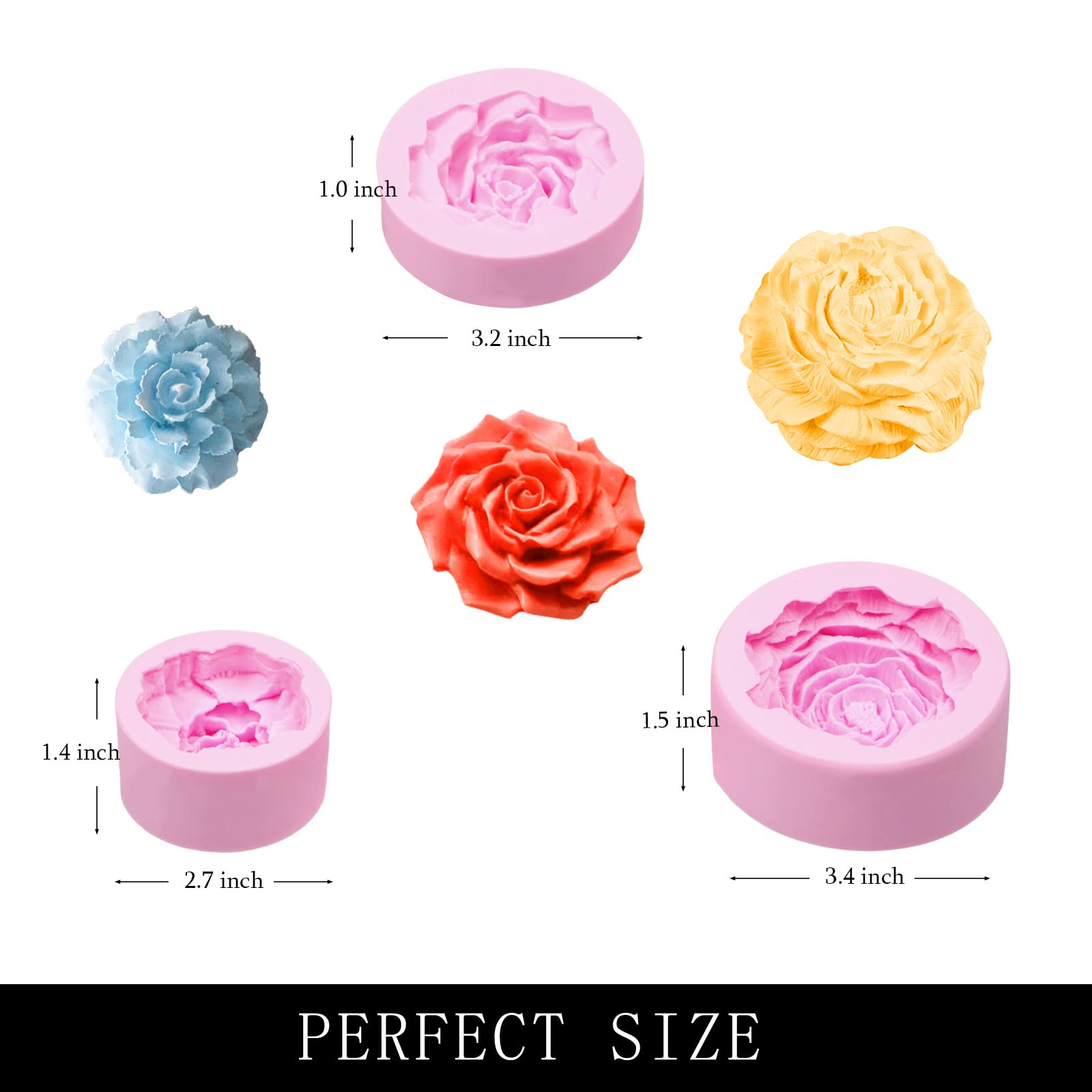 Large Rose Flower Silicone Molds Chocolate, 3 Packs Peony Carnation 3D Fondant Molds For Wedding Cake Decoration, Birthday Cupca