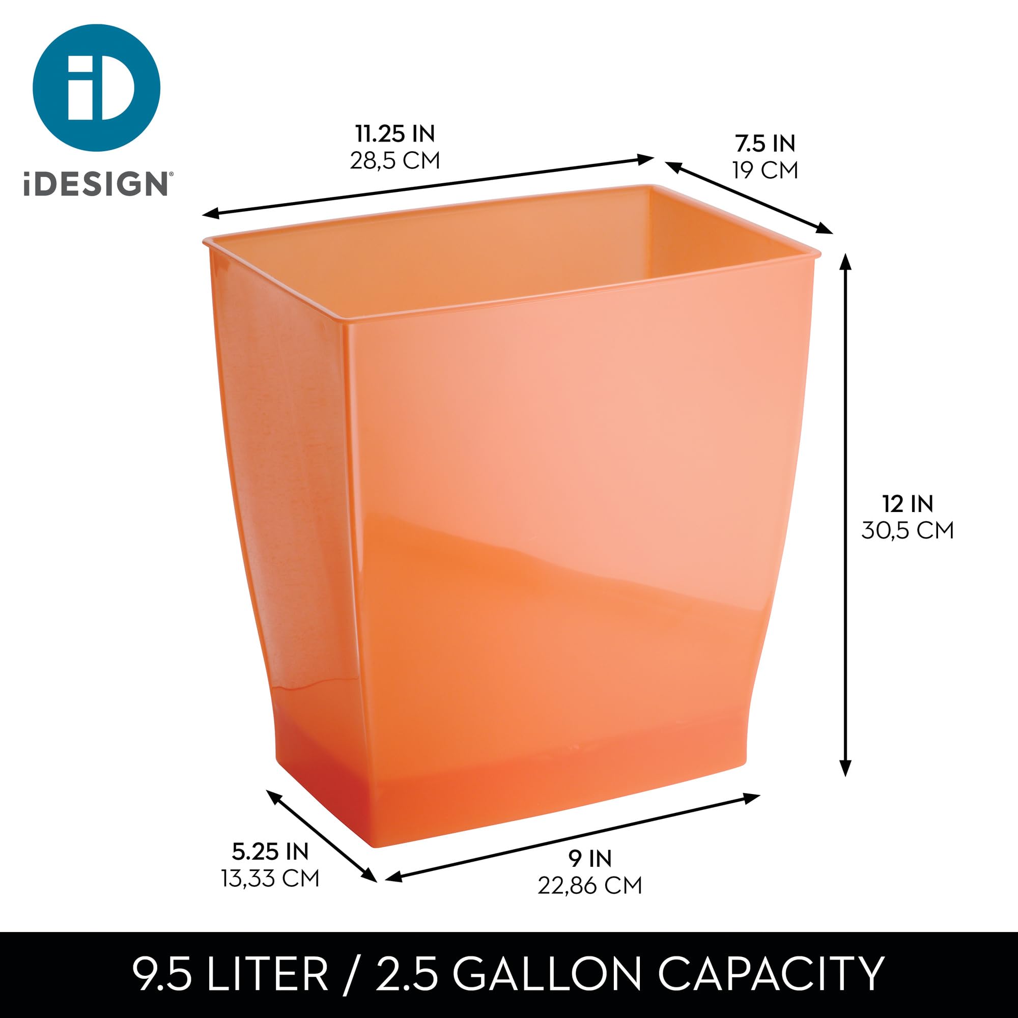 iDesign Small Plastic Bathroom Trash Can, Slim Rectangle Garbage Bin for Bedroom, Office, Dorm, 4-Pack, Orange