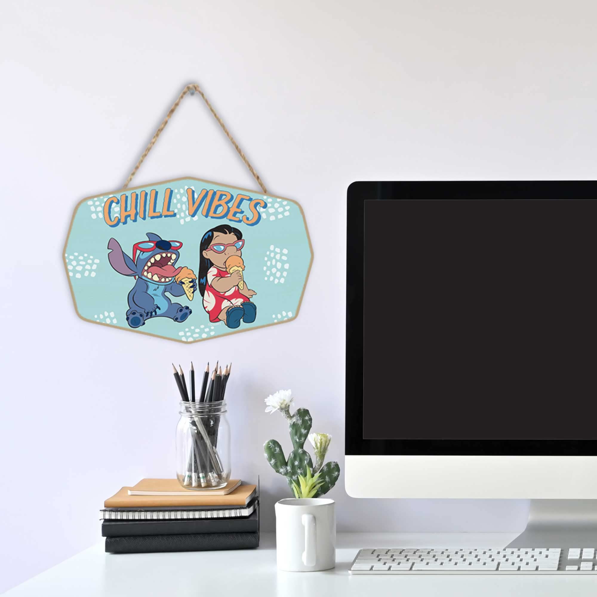 Disney Lilo and Stitch Chill Vibes Hanging Wood Wall Decor - Cute Lilo and Stitch Sign for Home