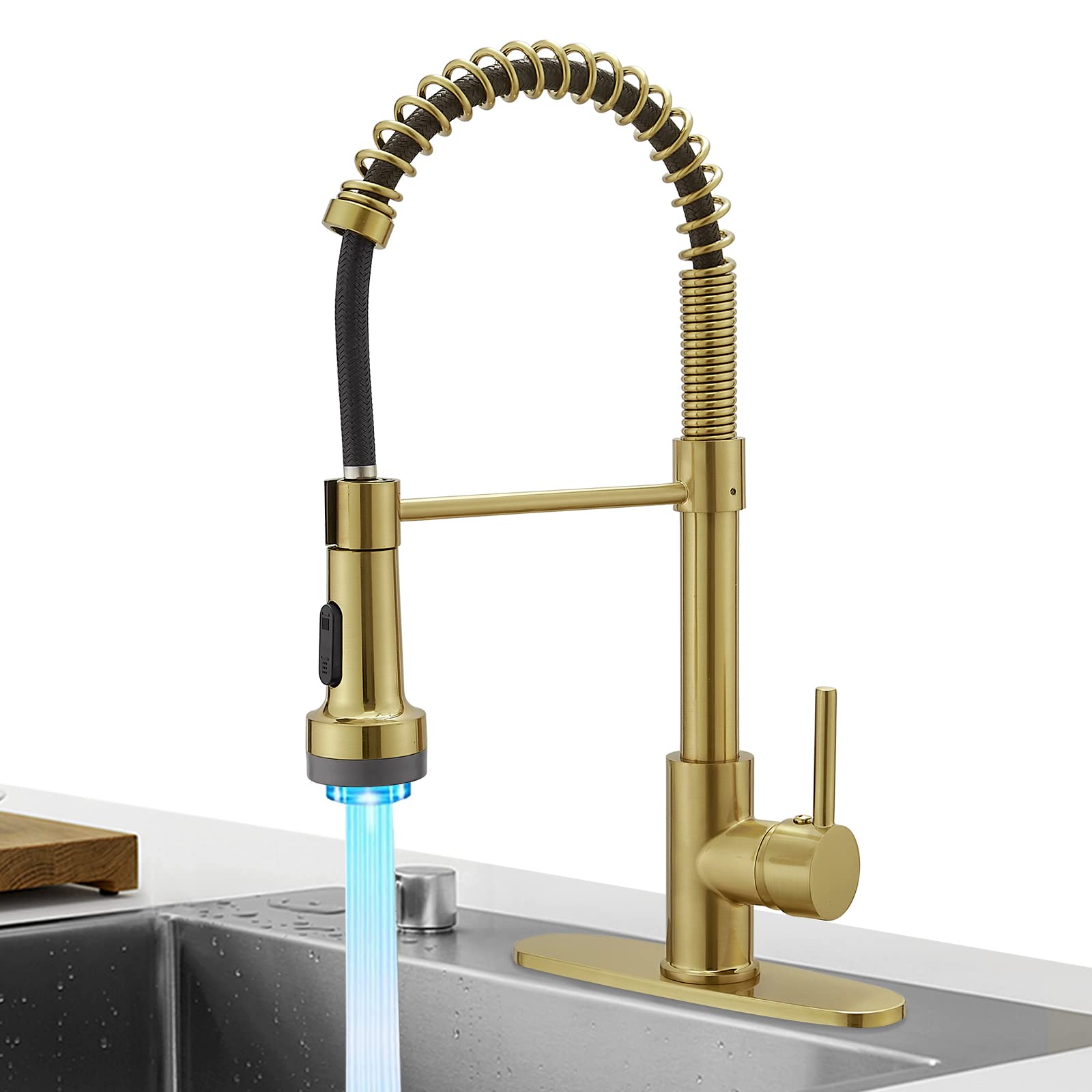Hoimpro Led Gold Spring Kitchen Faucet With Pull Down Sprayer, Rv Kitchen Sink Faucet With Pull Out Sprayer,2 Function Single Ha