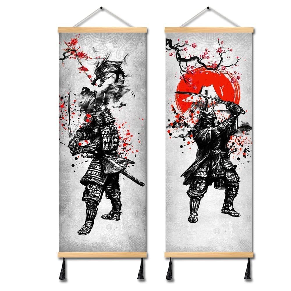 Mboufoey 2 Pieces Vintage Style Ancient Japan Warrior Dragon And Fuji Mountain Canvas Samurai Wall Art Print Poster Black And Wh